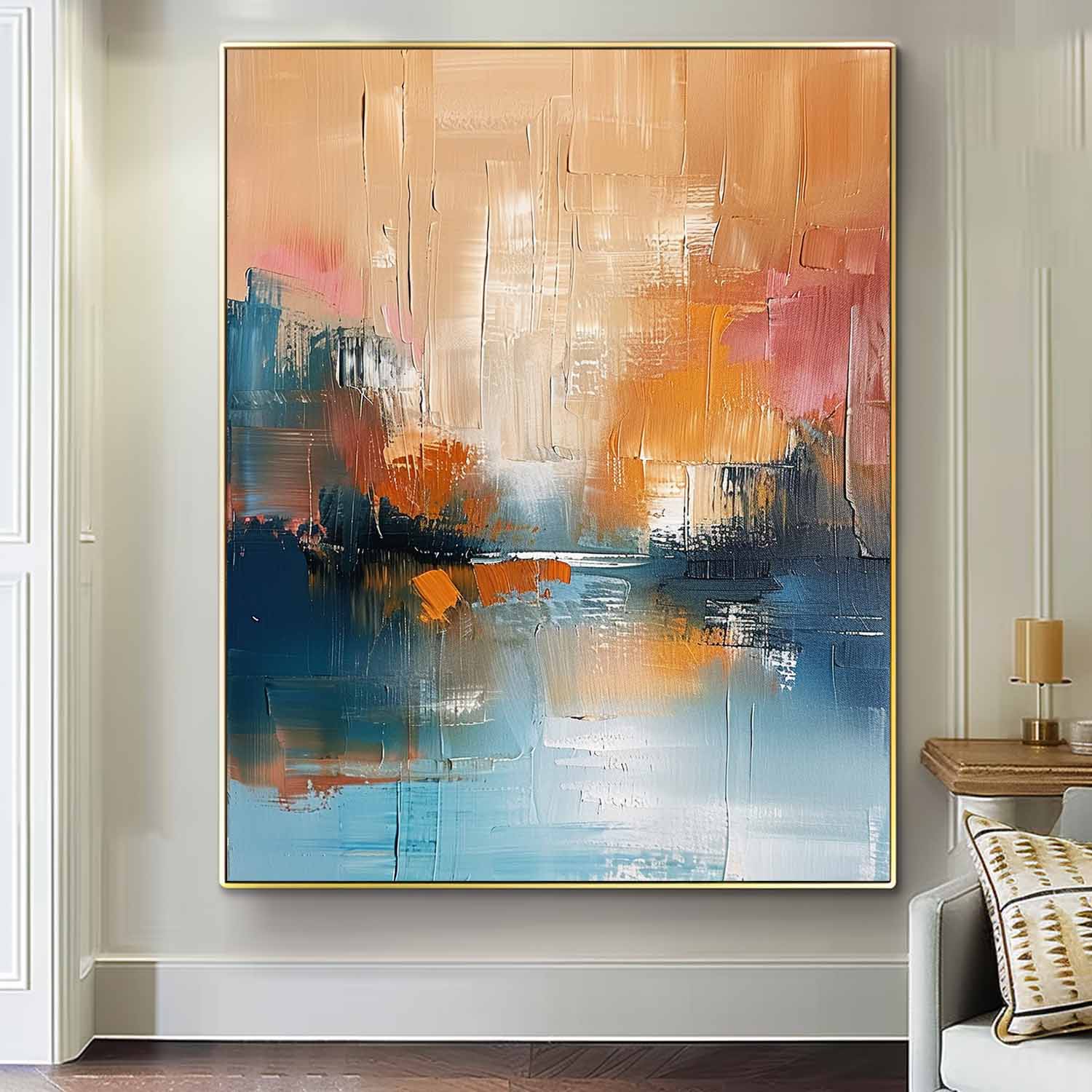 Yellow And Blue Modern Landscape Wall Art Large Abstract Painting On Canvas Original Vertical Scenery Painting