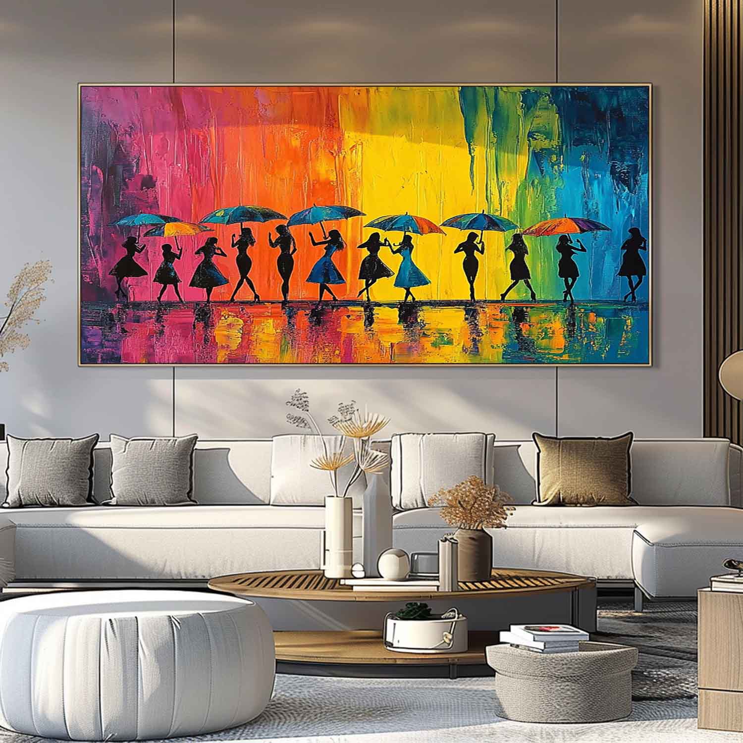 Original People Silhouette Artwork Expressive Rainy Street Modern Acrylic Painting Large Colorful Wall Art