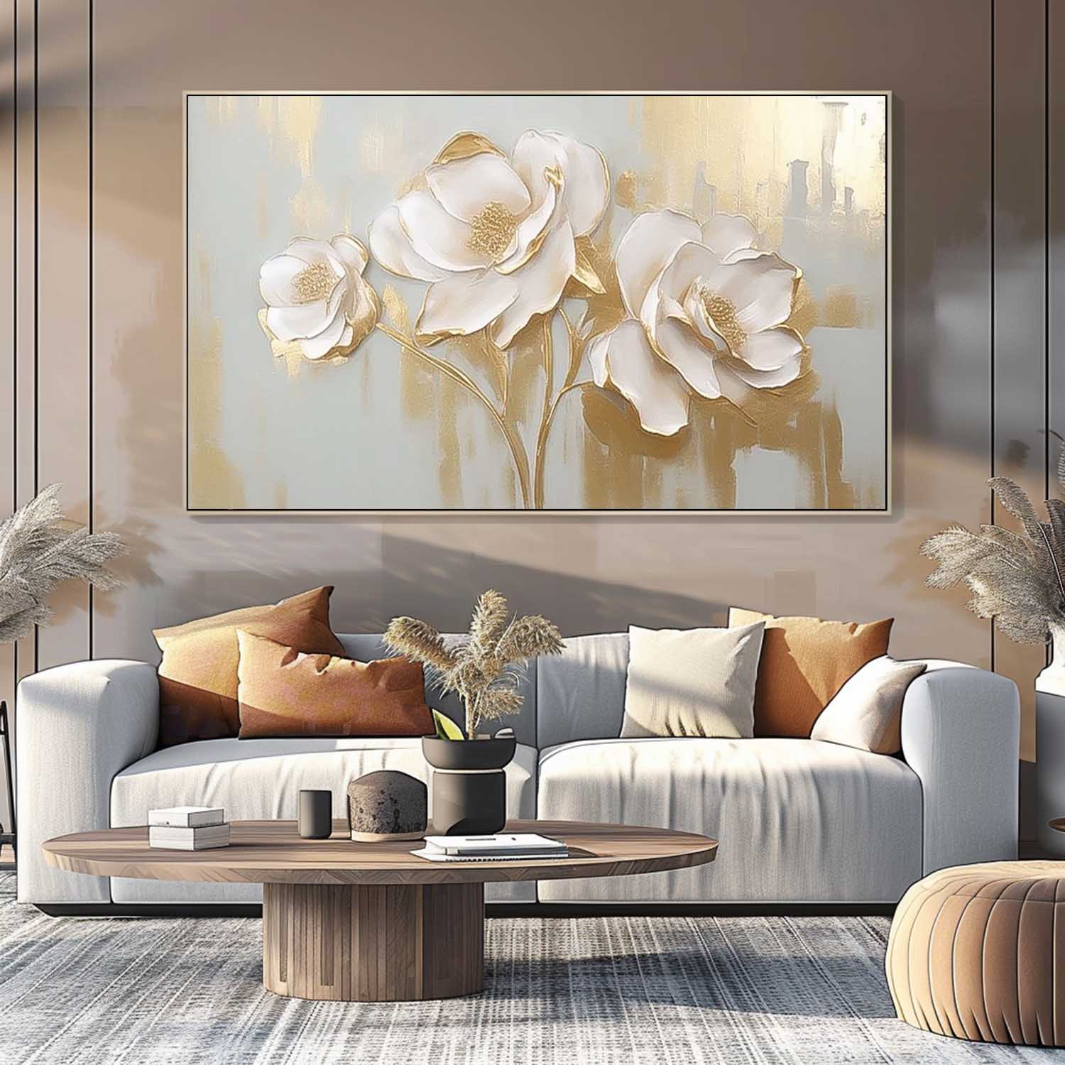 Modern Large Wall Art Textured Flower Acrylic Painting Original White And Gold Painting On Canvas For Living Room
