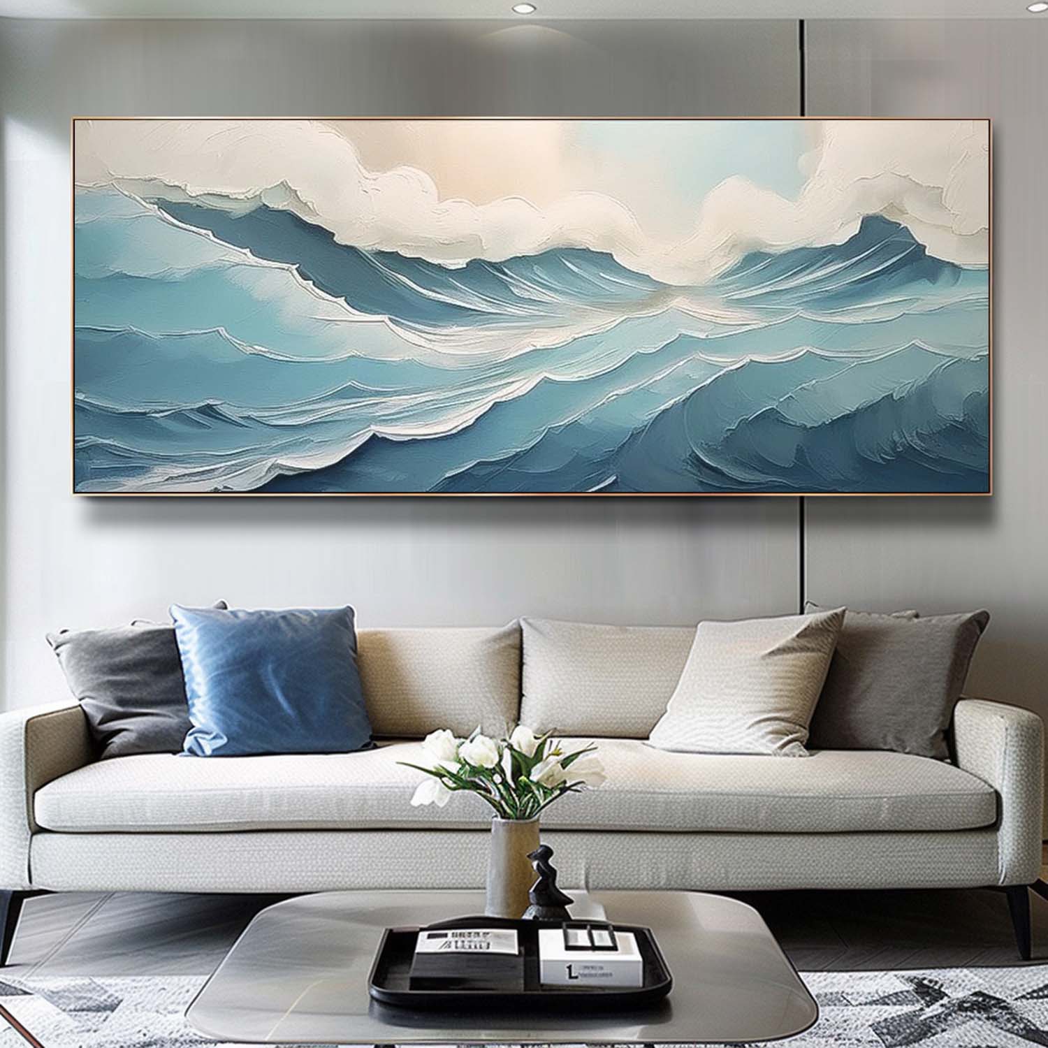 Large Ocean Original Blue Painting On Canvas Blue Texture Ocean Abstract Oil Painting Modern Wall Art Living Room Decor