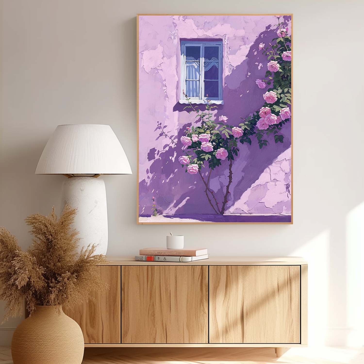 Flowers And Purple Building Acrylic Painting Canvas Large Textured Art Original Floral Painting Home Decor