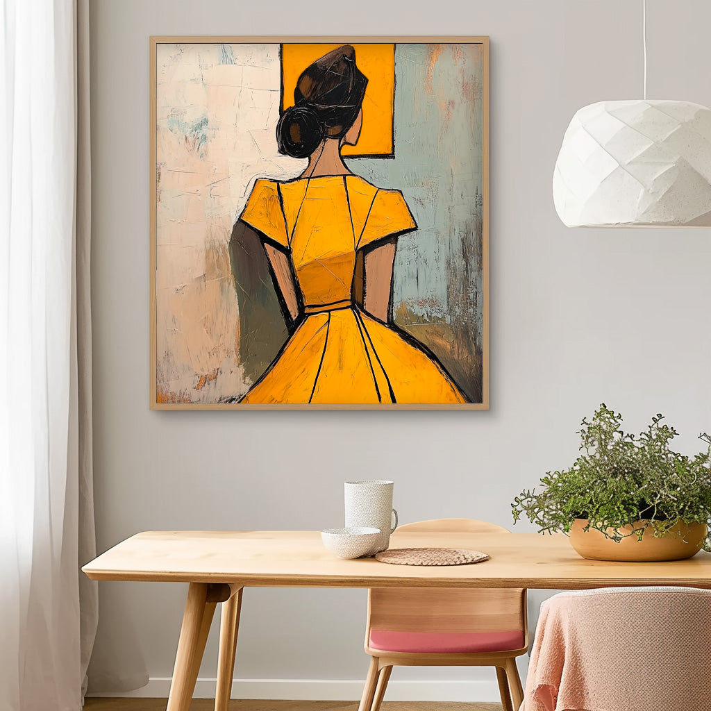 Square Large Girl Portrait Artwork Lady Abstract Wall Art Origina Yellow Dress Acrylic Painting Canvas