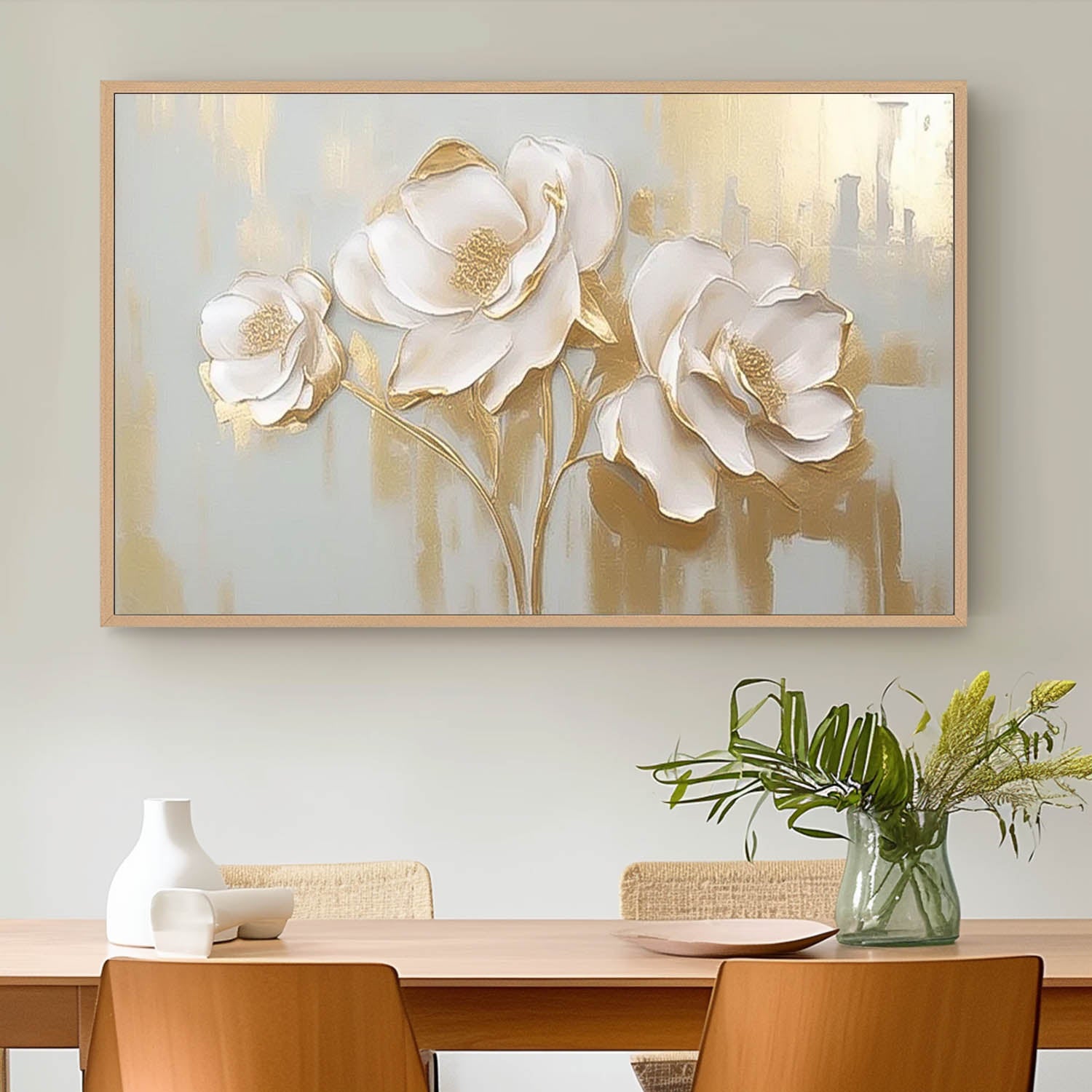 Modern Large Wall Art Textured Flower Acrylic Painting Original White And Gold Painting On Canvas For Living Room