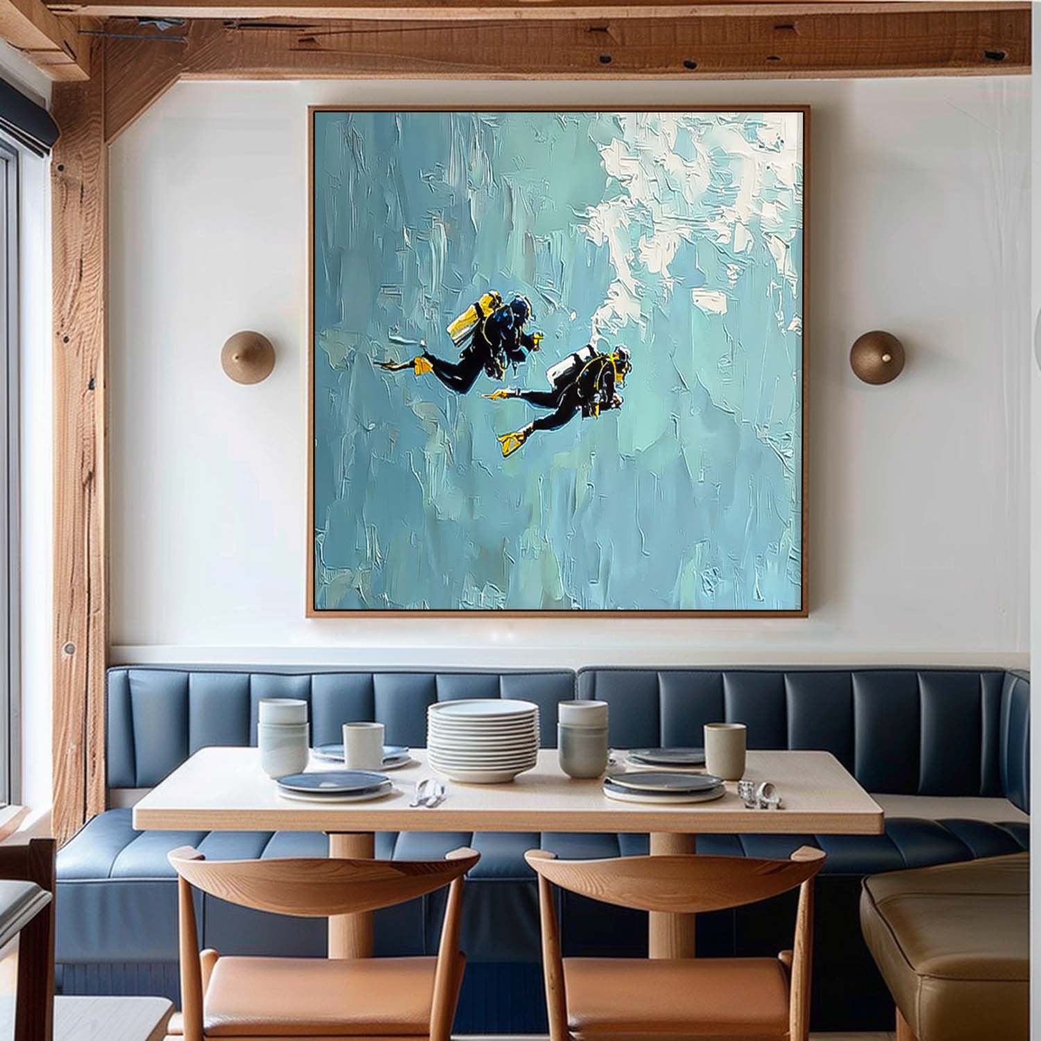 Large Ocean Painting Blue Texture Painting Minimalist Diving Art Abstract Underwater Artwork Diving Gifts