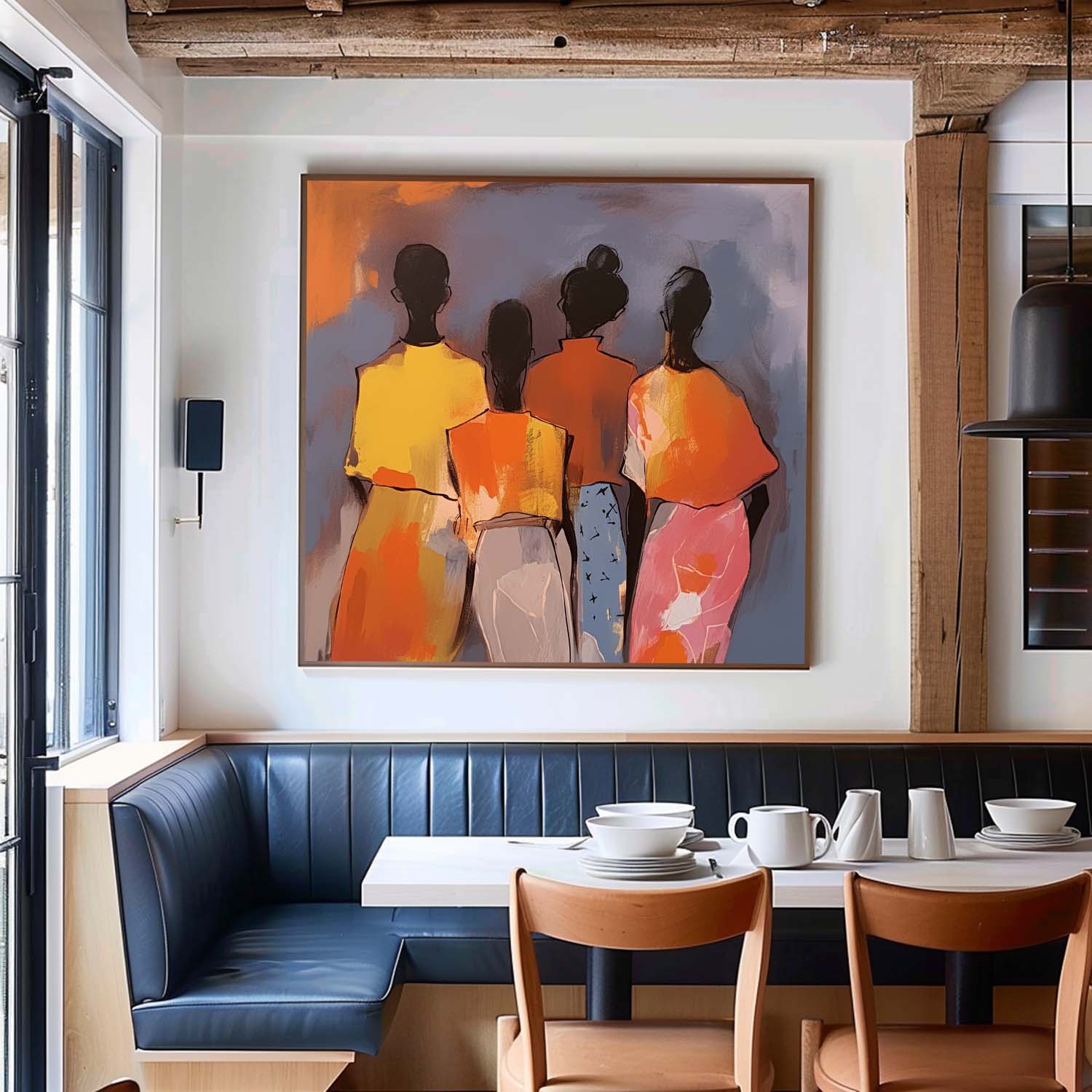 Warm Colors Four people's backs Wall Art Original Beautiful Painting Canvas Large Square Artwork Home Decor