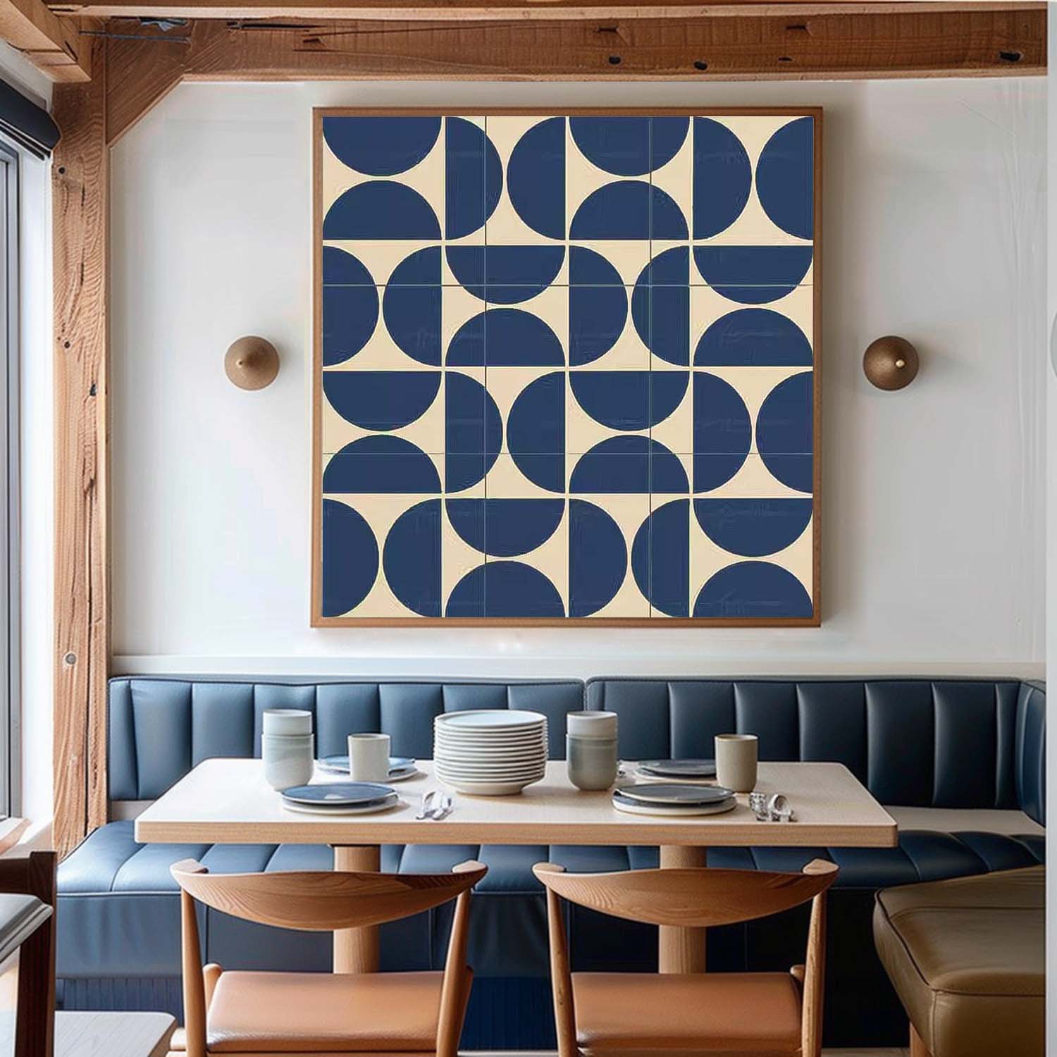 Blue Geometry Modern Minimalist Canvas Acrylic Painting Large Regular Semicircle Abstract Wall Art Framed