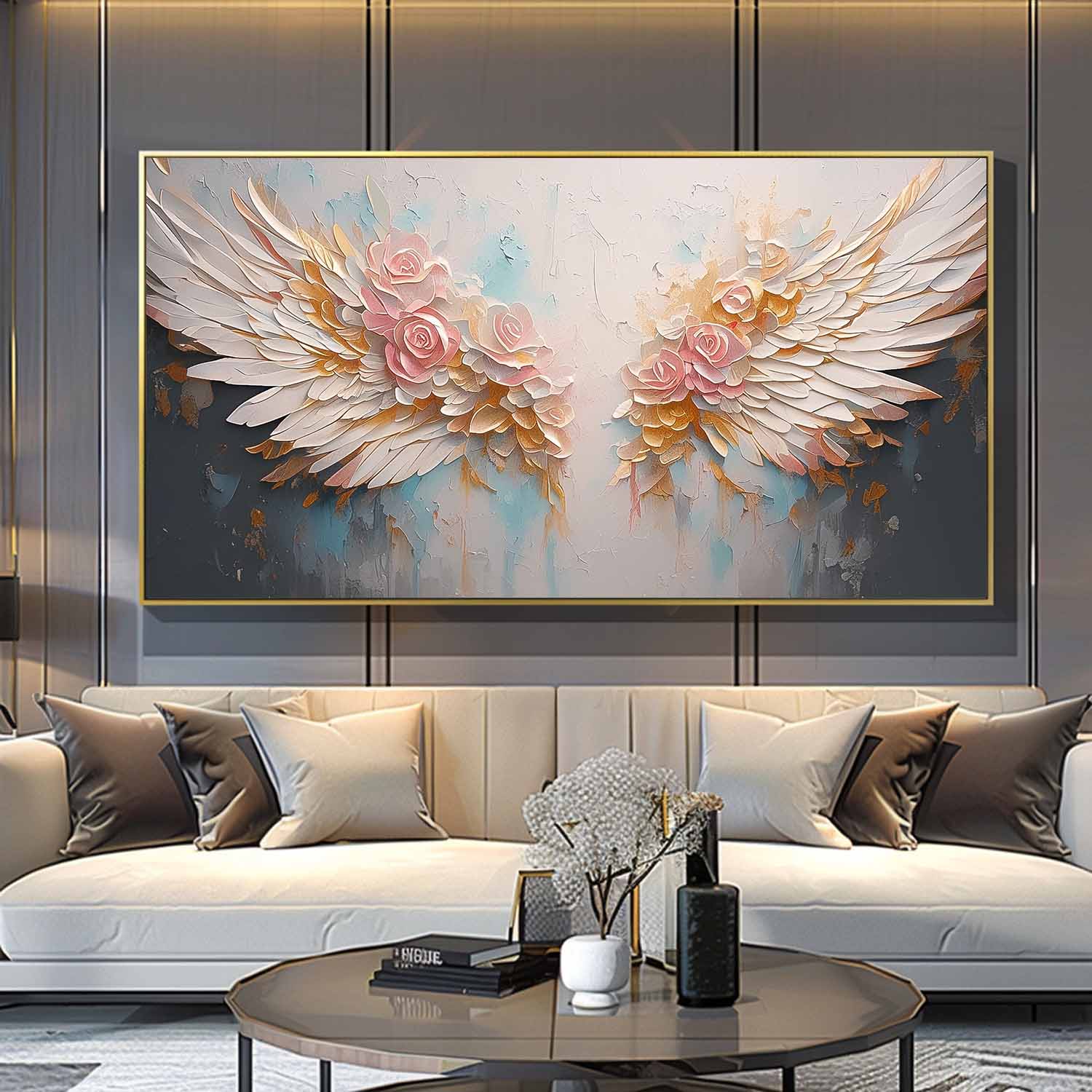 Original Wing Art Boho Wall Decor Big Abstract Angel Wing Flowers Oil Painting On Canvas Large Wall Art Gift for Her