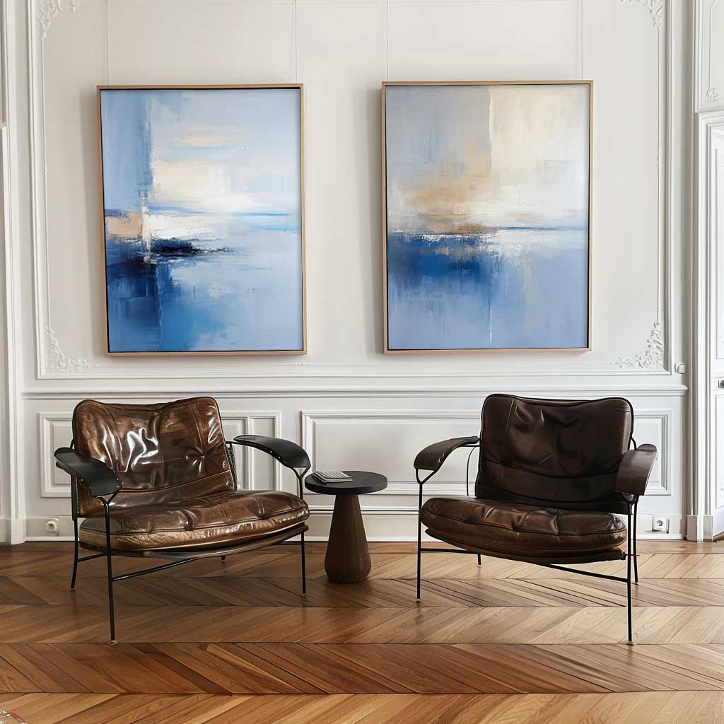Set of 2 Big Original Warm Blue Painting Abstract Oil Painting Modern Wall Art Living Room Decor