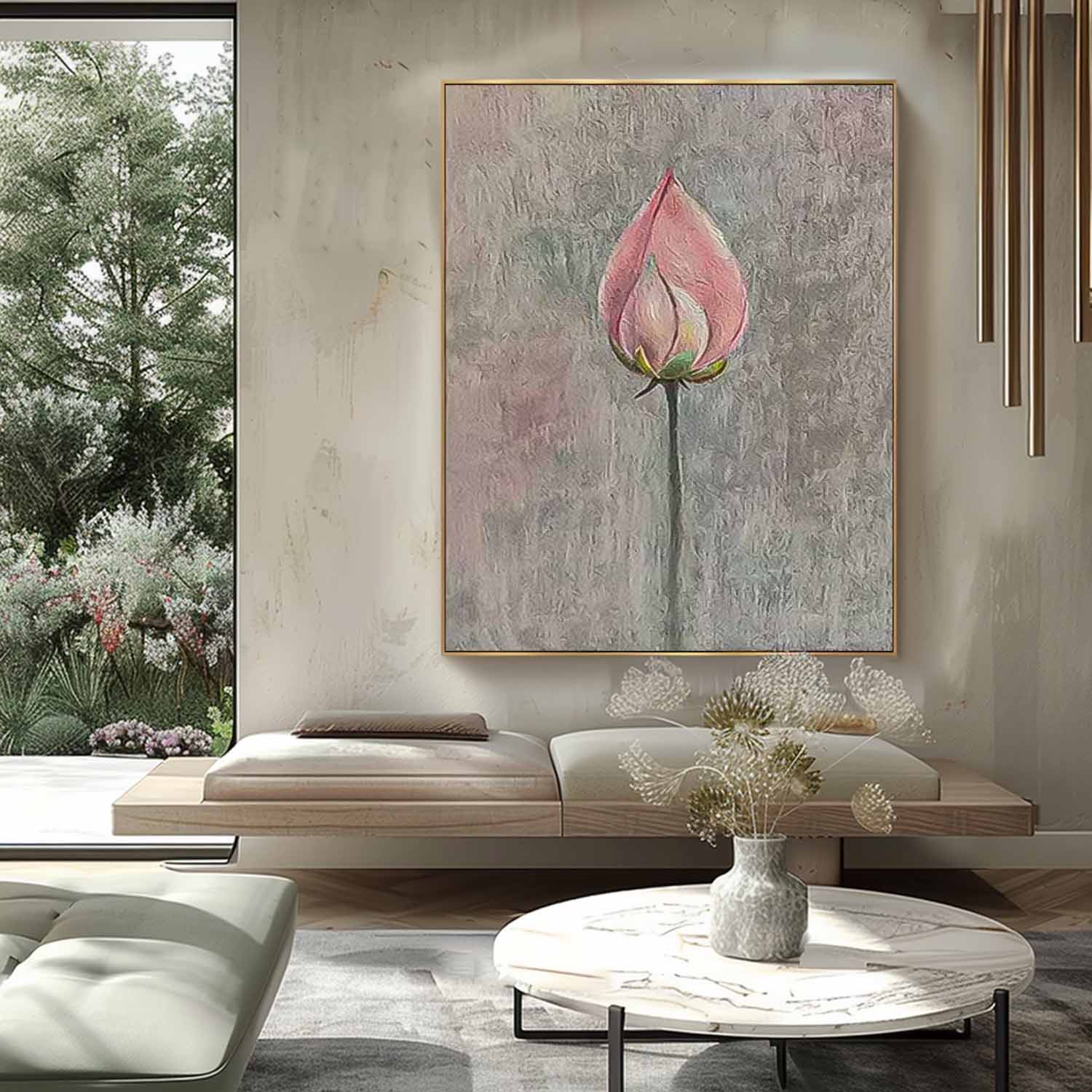 Lotus Bud Original Contemporary Flowers Artwork Abstract Grey And Pink Flower Oil Painting On Canvas