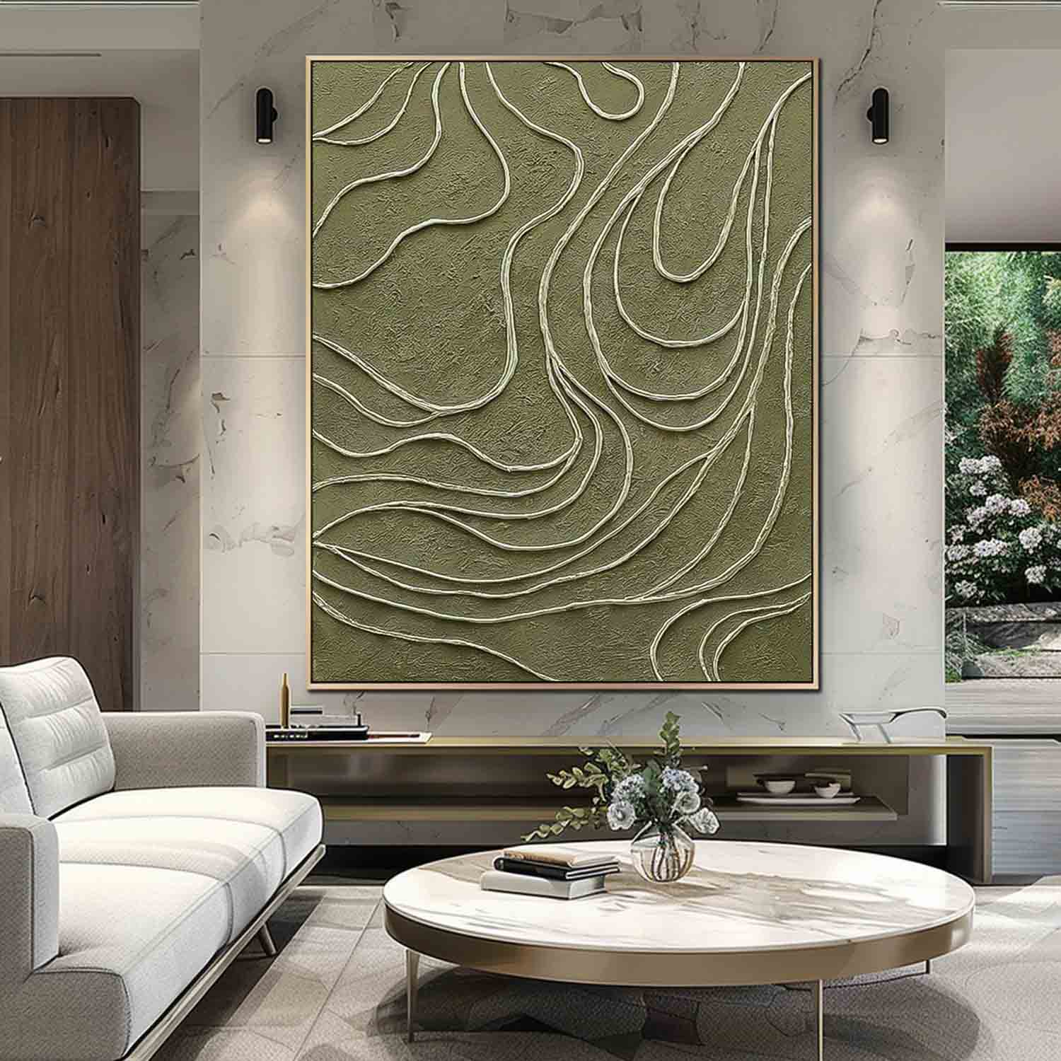 Original Hand-Painted Artwork Large Green Wall Art Minimalist lines Abstract Canvas Oil Painting
