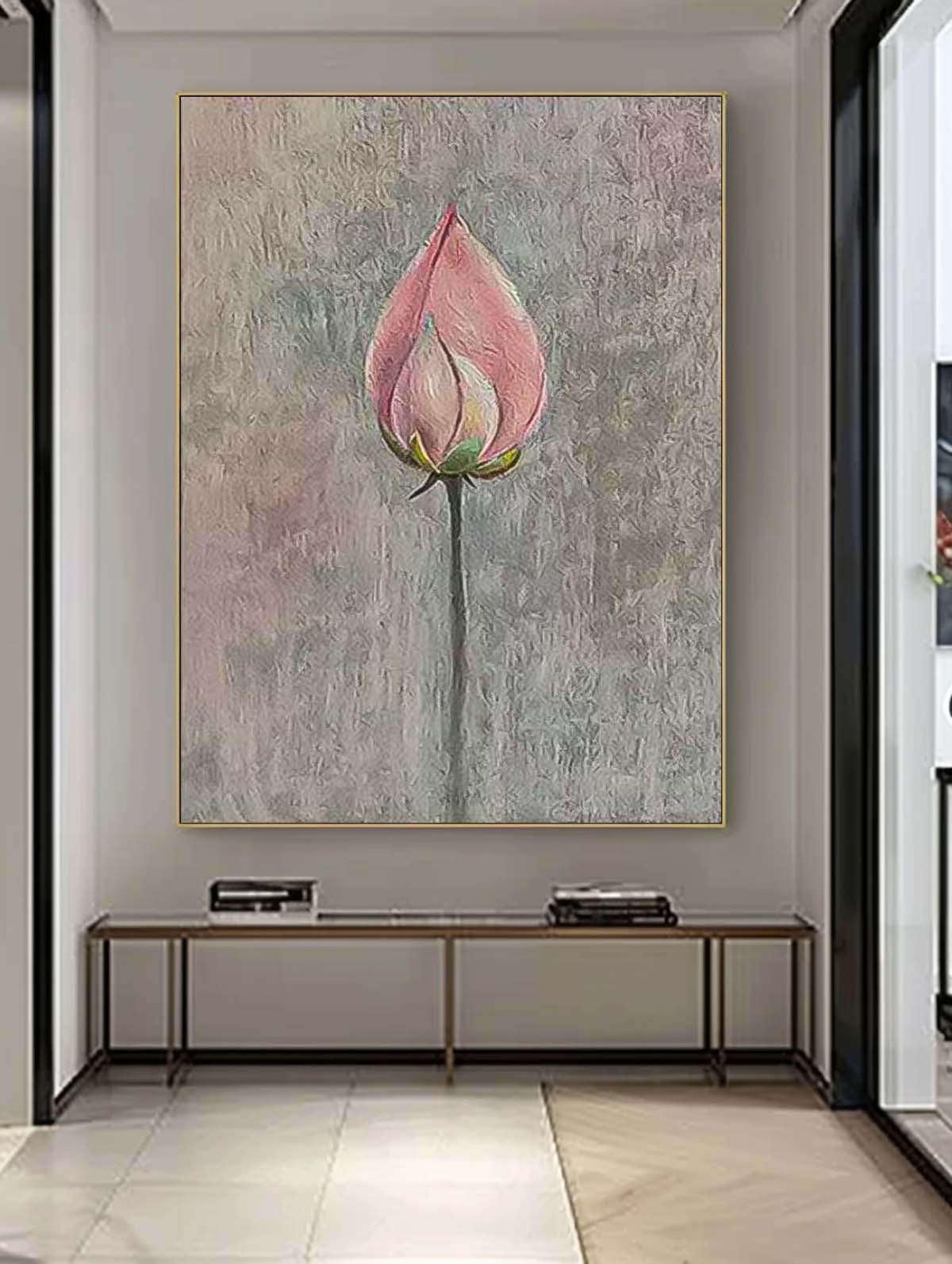 Lotus Bud Original Contemporary Flowers Artwork Abstract Grey And Pink Flower Oil Painting On Canvas