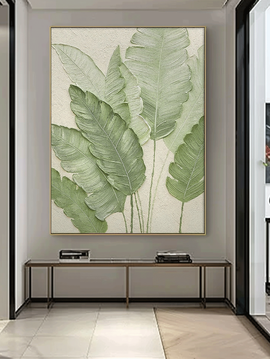 Contemporary Leaf Paintings Summer Painting Framed Large Thick Texture Abstract Green Leaf Paintings Wall Art