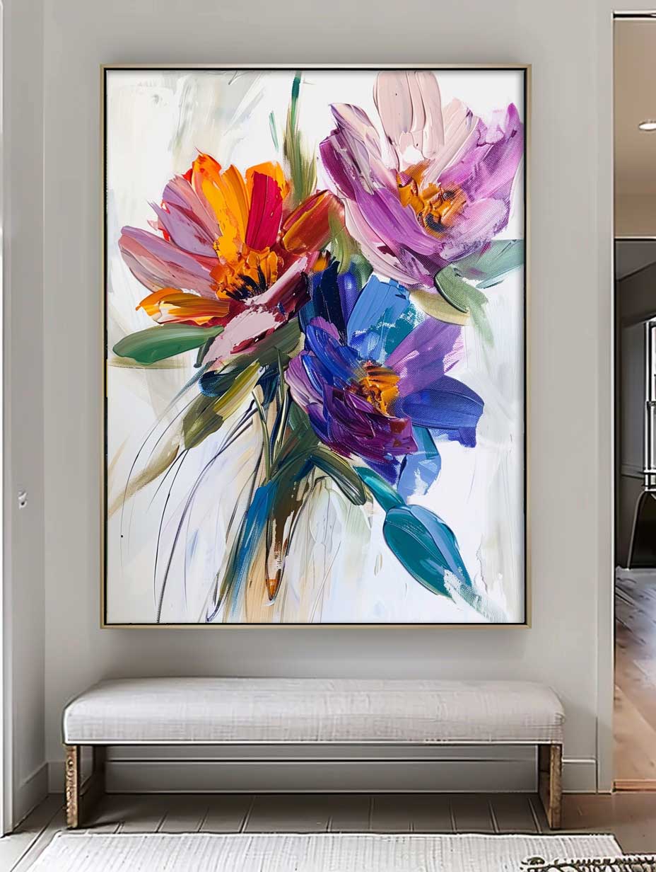 Large Original Thick Texture Contemporary Flowers Artwork Abstract Colorful Flower Oil Painting on Canvas