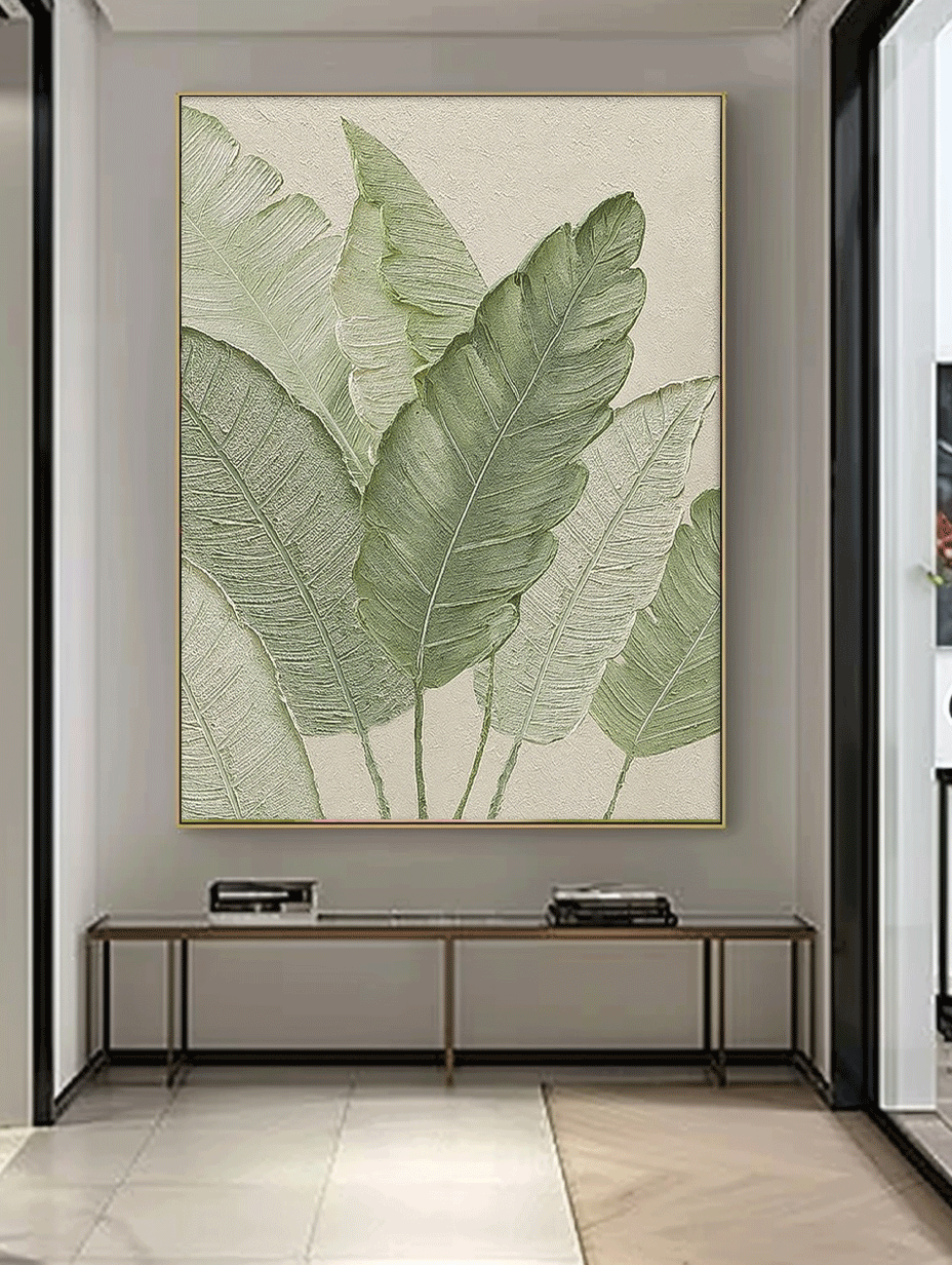 Large Thick Texture Abstract Green Leaf Paintings Modern Leaf Paintings Summer Painting Framed Wall Art
