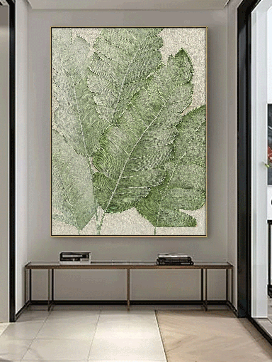 Large Thick Texture Abstract Green Leaf Paintings Contemporary Leaf Paintings Summer Painting Framed Wall Art