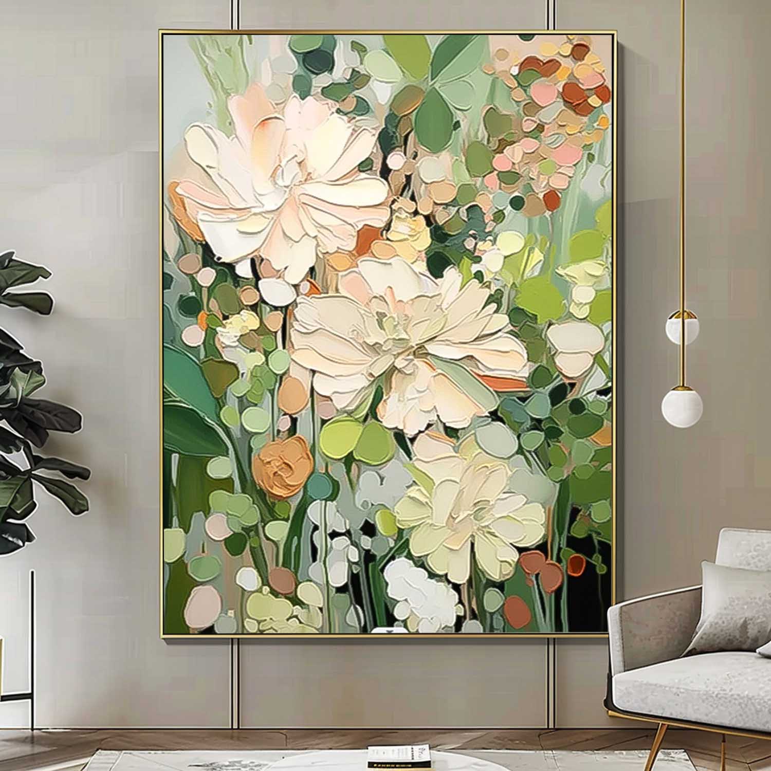 Abstract Flower Oil Painting on Canvas Large Original Minimalist Green Floral Art Custom Painting Boho Wall Decor