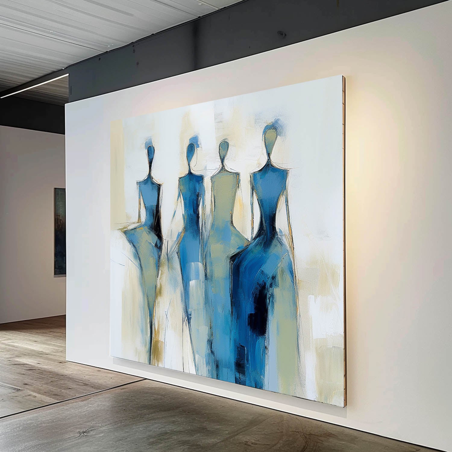 Square Large Portrait Artwork Original Blue Figure Acrylic Painting Canvas Abstract Wall Art Decor