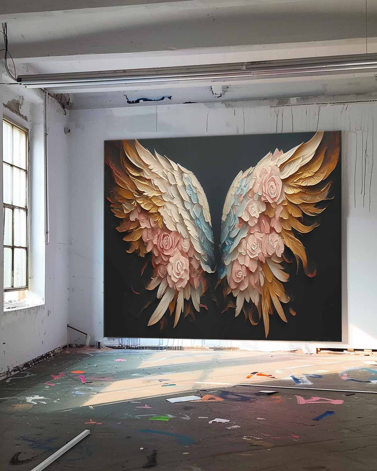 Big Wing Flower Boho Artwork Original Abstract Angel Wing Oil Painting On Canva For Living Room Decor Gift