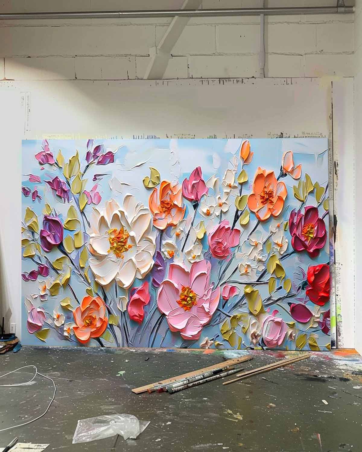 Large Acrylic Colorful Textured Floral Painting Original Drawing Flowers Wall Art Modern Floral Painting For Living Room