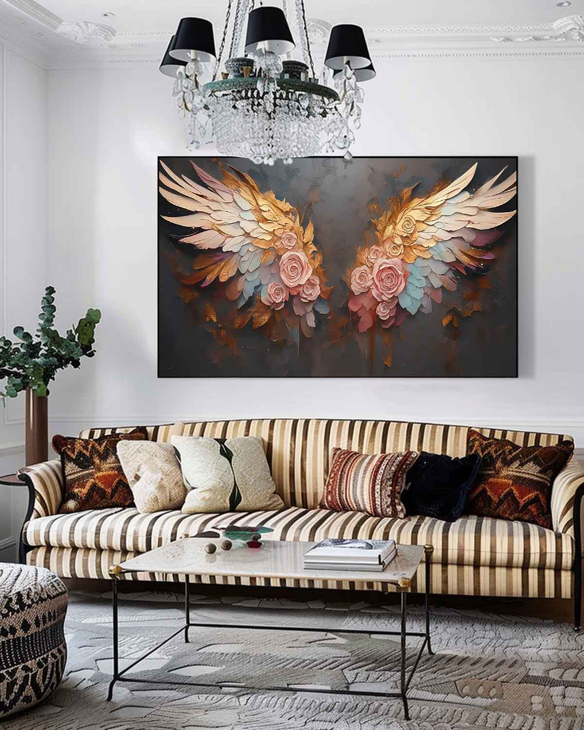 Original Abstract Angel Wing Oil Painting On Canvas Big Wing Flower Boho Artwork For Living Room Decor Gift