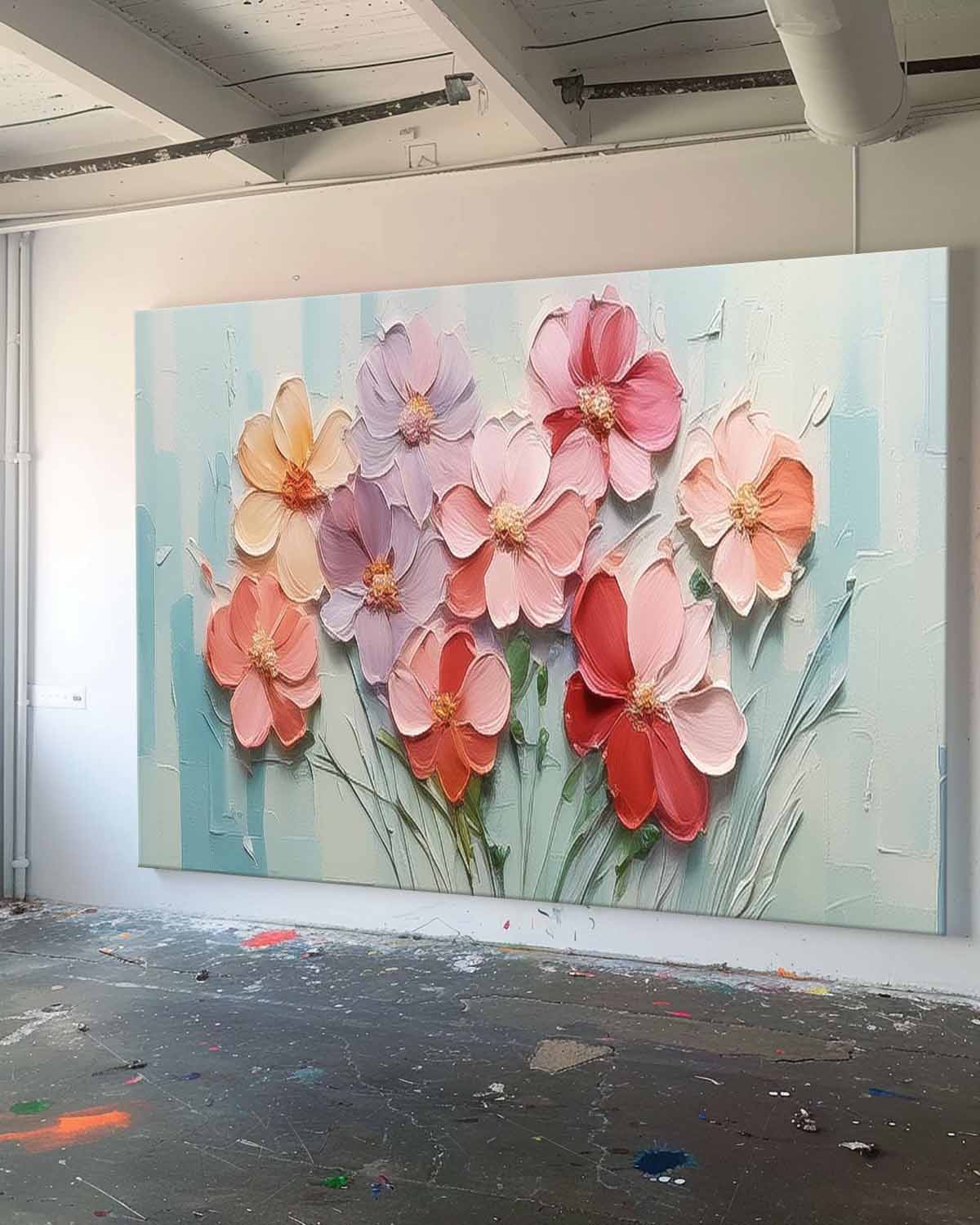Large Textured Floral Acrylic Painting Spring Flowers Drawing Modern Original Framed Floral Wall Art