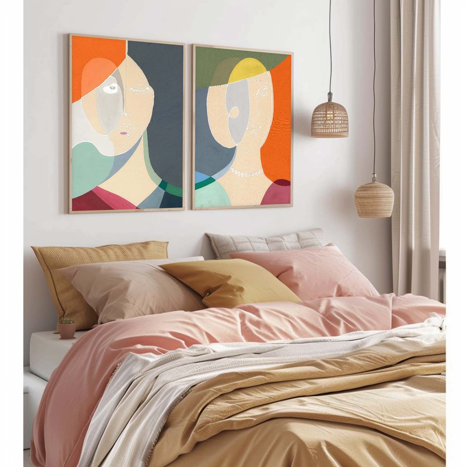 Set of 2 Original Nordic Style Wall Art Minimalism Colorful Abstract Line Artwork Large Figure Painting Gift