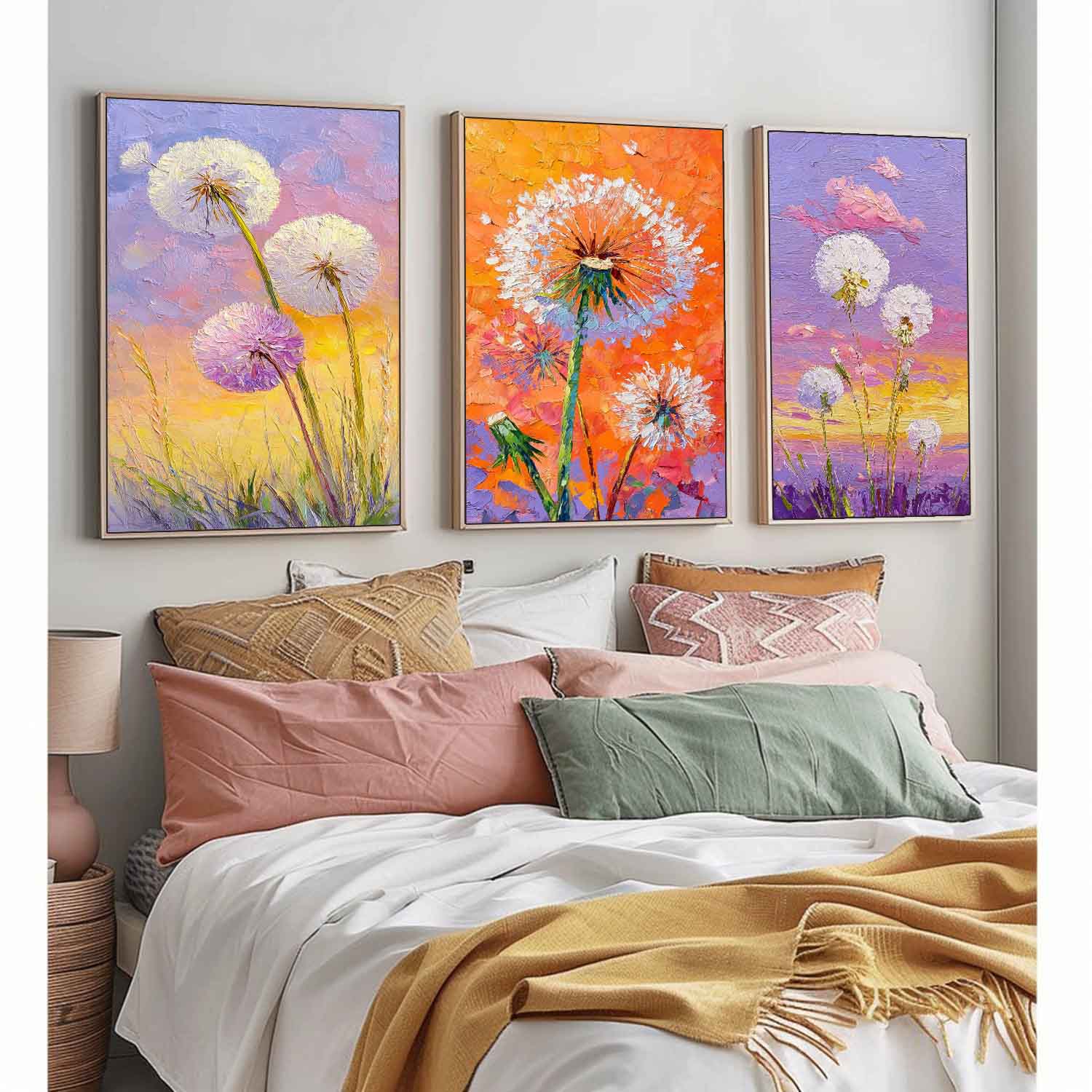 Impressionist Sunset Wildflower Painting Triptych Boho Decor Vibrant Color Dandelion Modern Floral Art