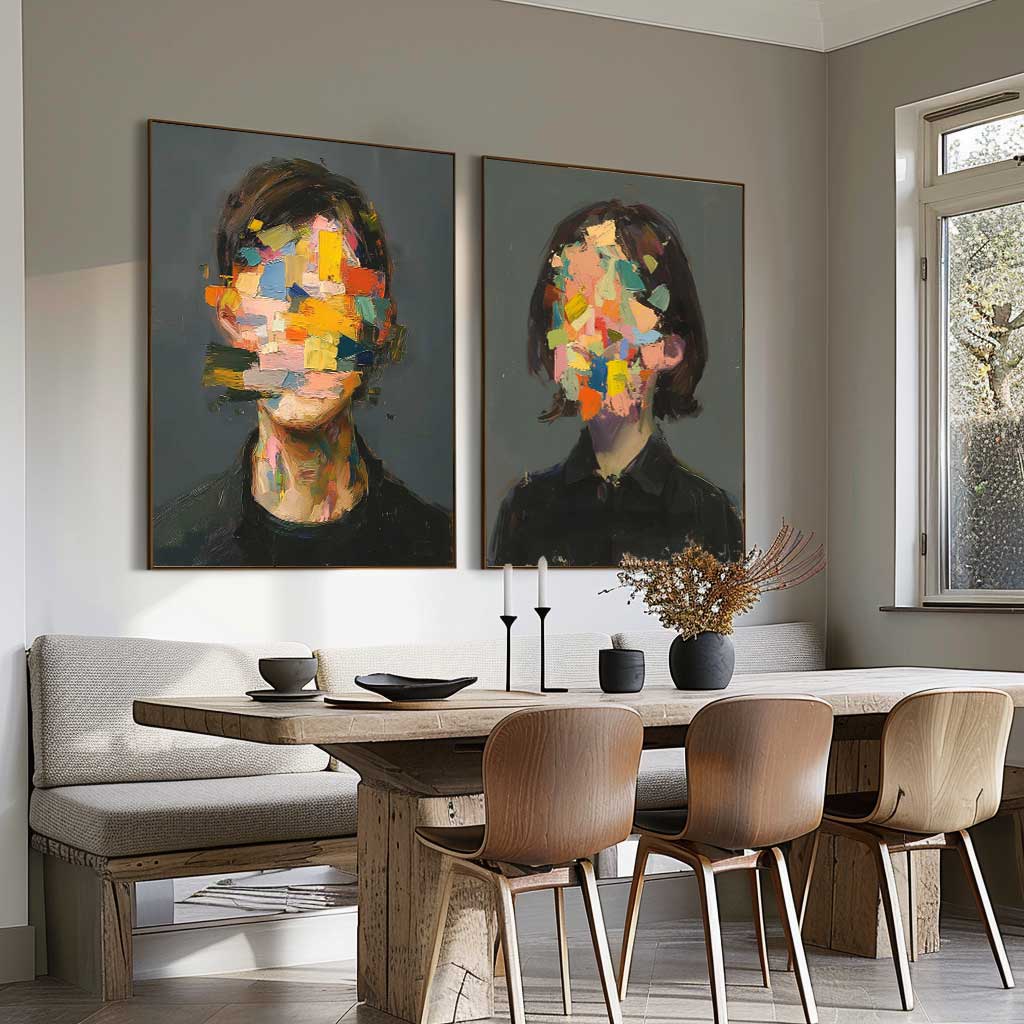 Set of 2 Abstract Painting Face Artwork Large Faceless Portrait Couple Painting Facial 3D Original Canvas Art