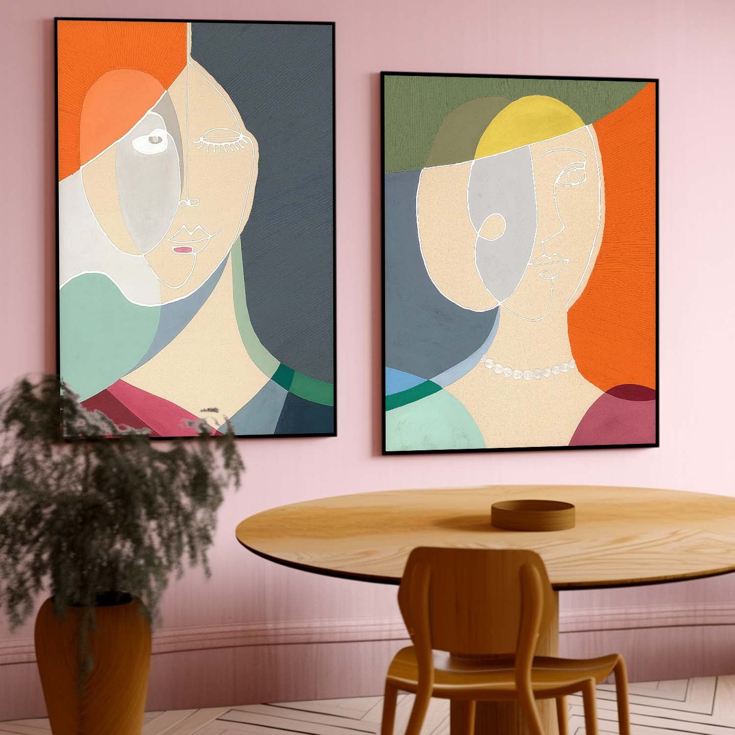 Set of 2 Original Nordic Style Wall Art Minimalism Colorful Abstract Line Artwork Large Figure Painting Gift