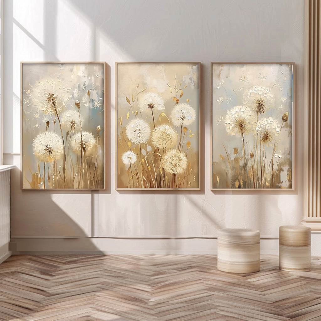 Set of 3 white Dandelion Abstract Oil Paintings Contemporary Flower Canvas Wall Art Floral Spring Artwork