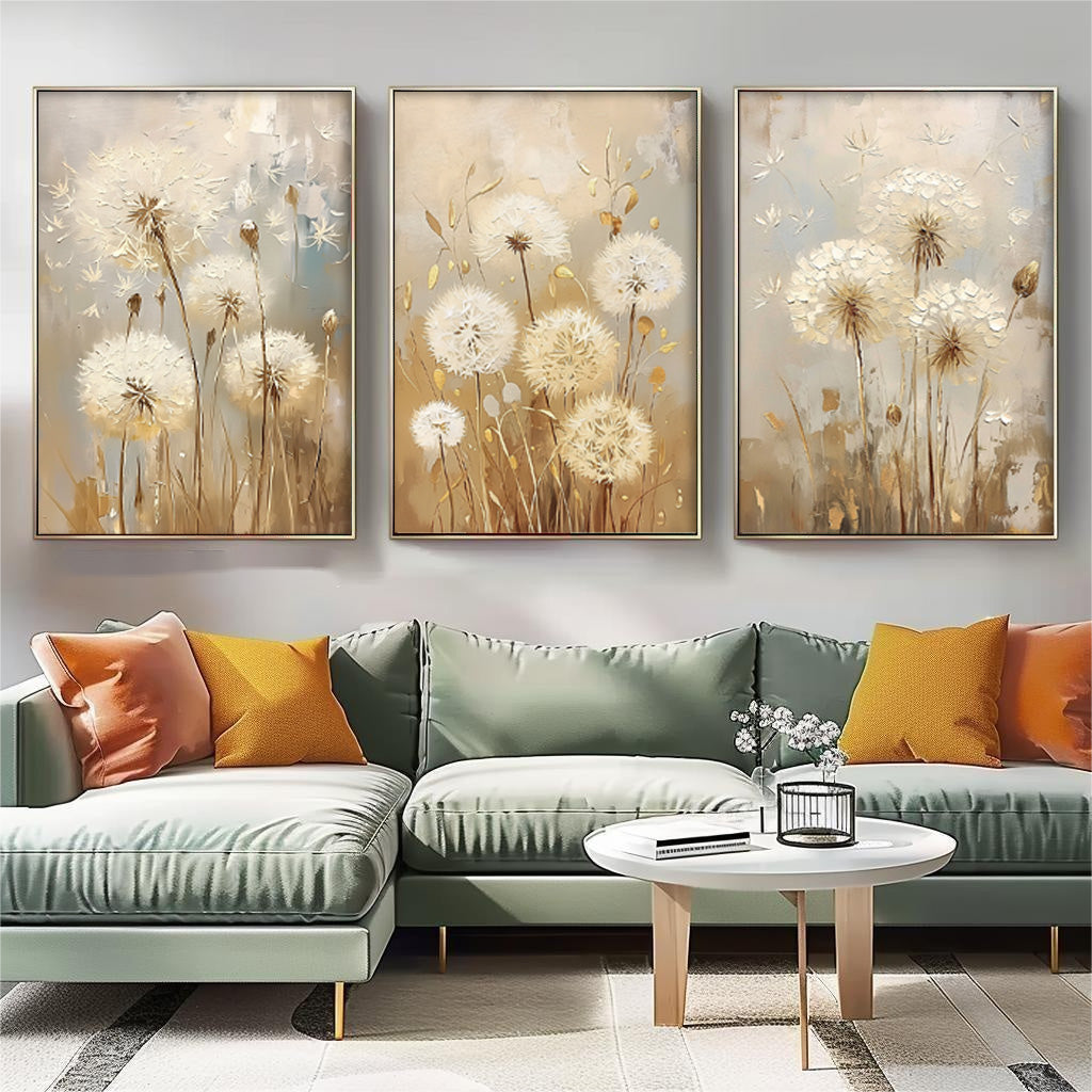 Set of 3 white Dandelion Abstract Oil Paintings Contemporary Flower Canvas Wall Art Floral Spring Artwork