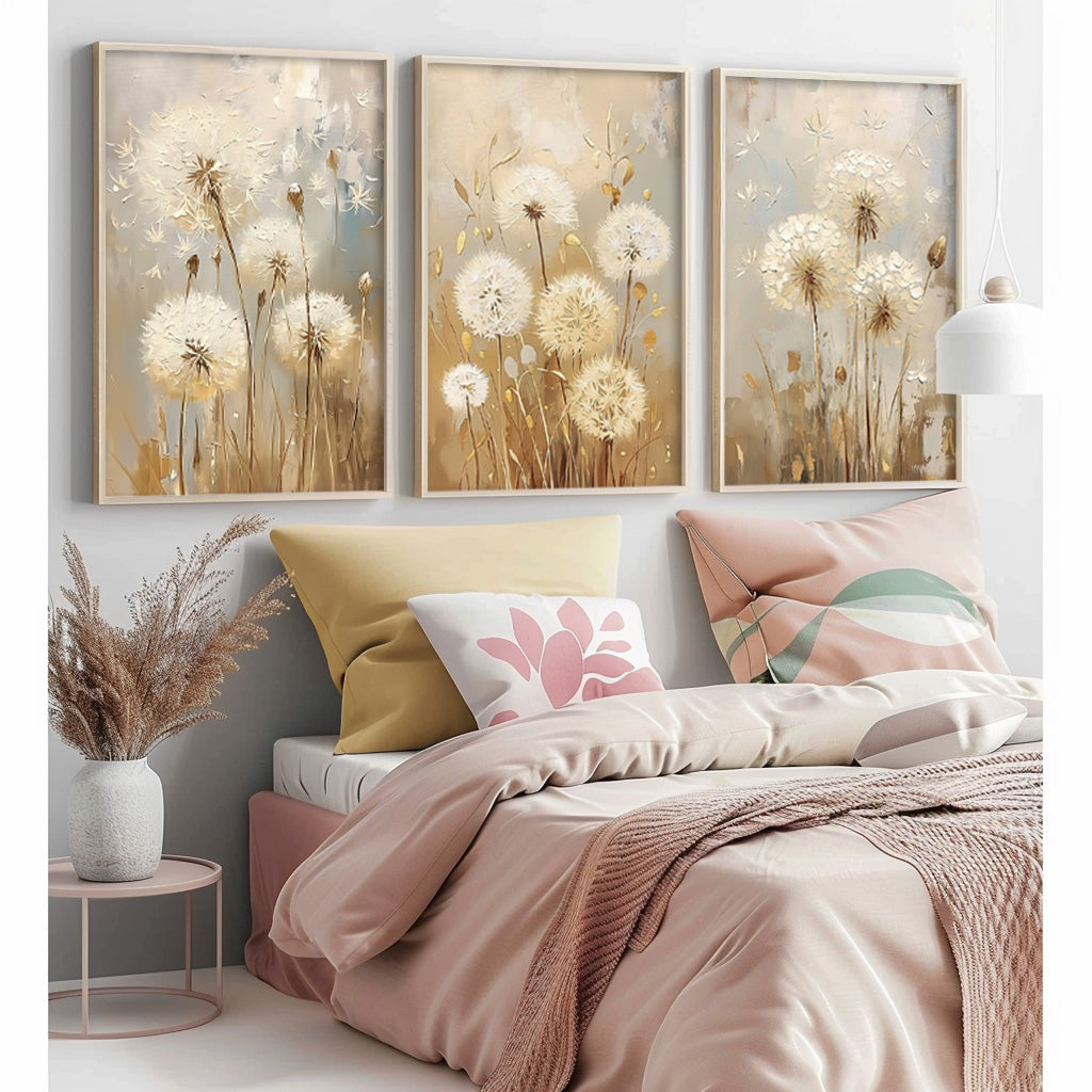Set of 3 white Dandelion Abstract Oil Paintings Contemporary Flower Canvas Wall Art Floral Spring Artwork