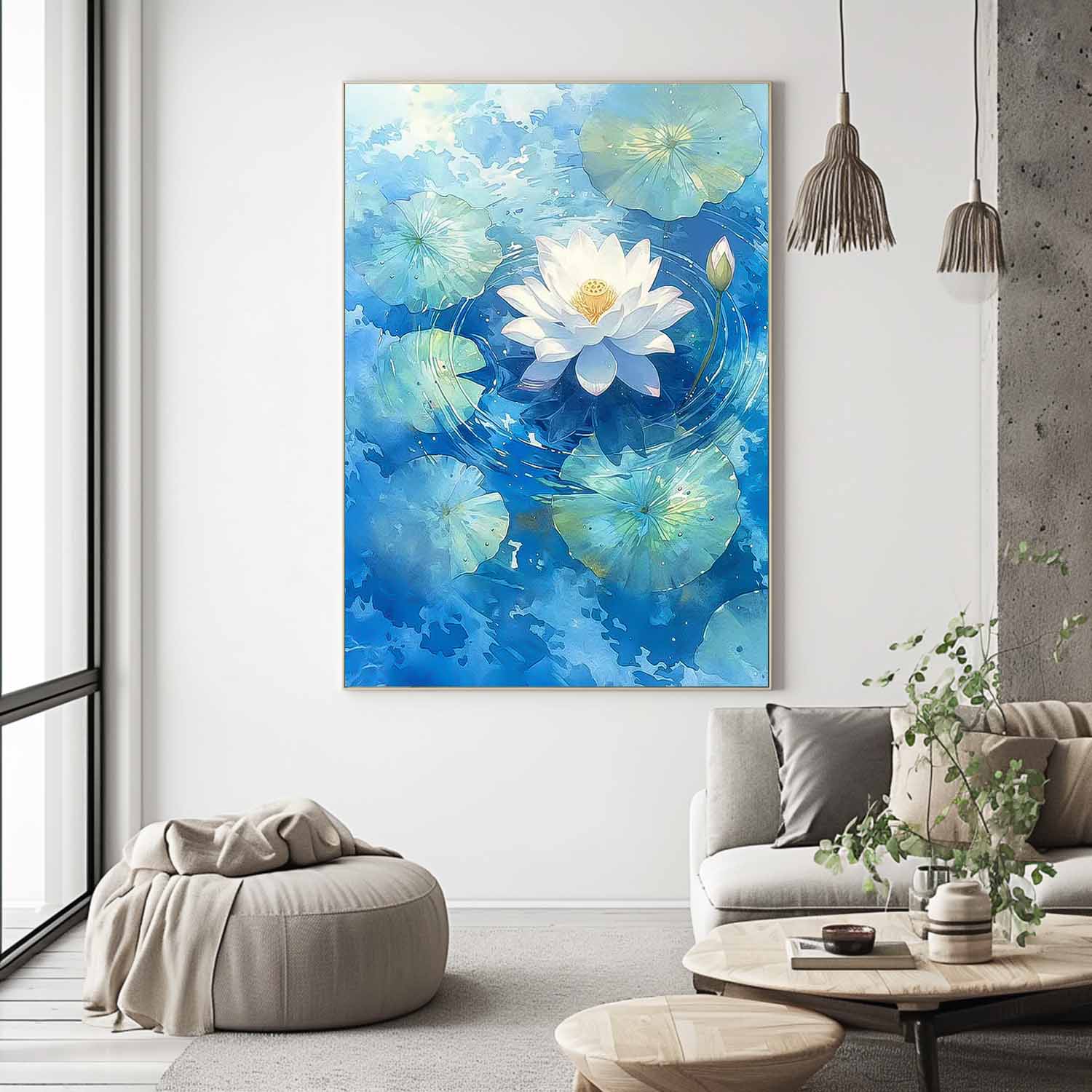 Abstract Lotus Flower Oil Painting On Canvas Big Original Texture Beautiful Blue Artwork Framed Home Decor