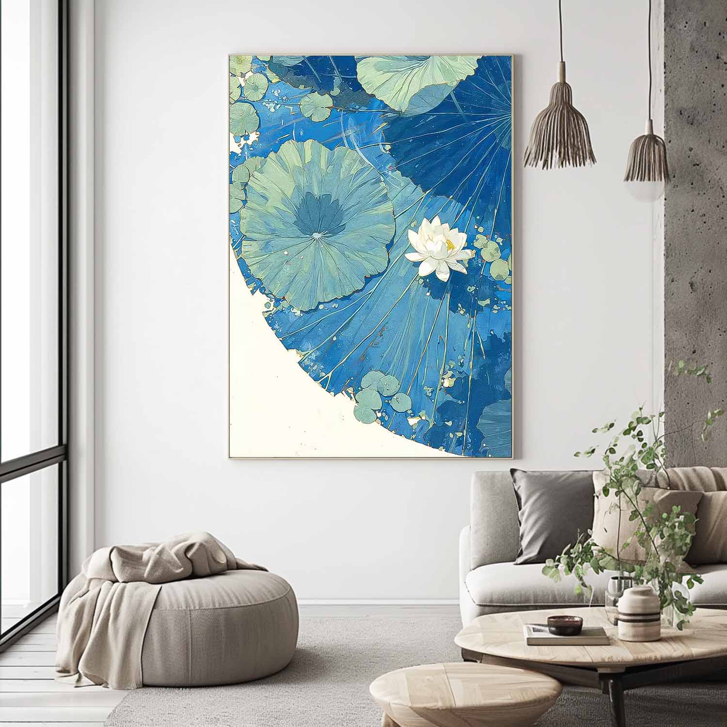 Abstract Blue Lotus Leaf Oil Painting On Canvas Big Original Texture Beautiful Lotus Artwork Framed Home Decor