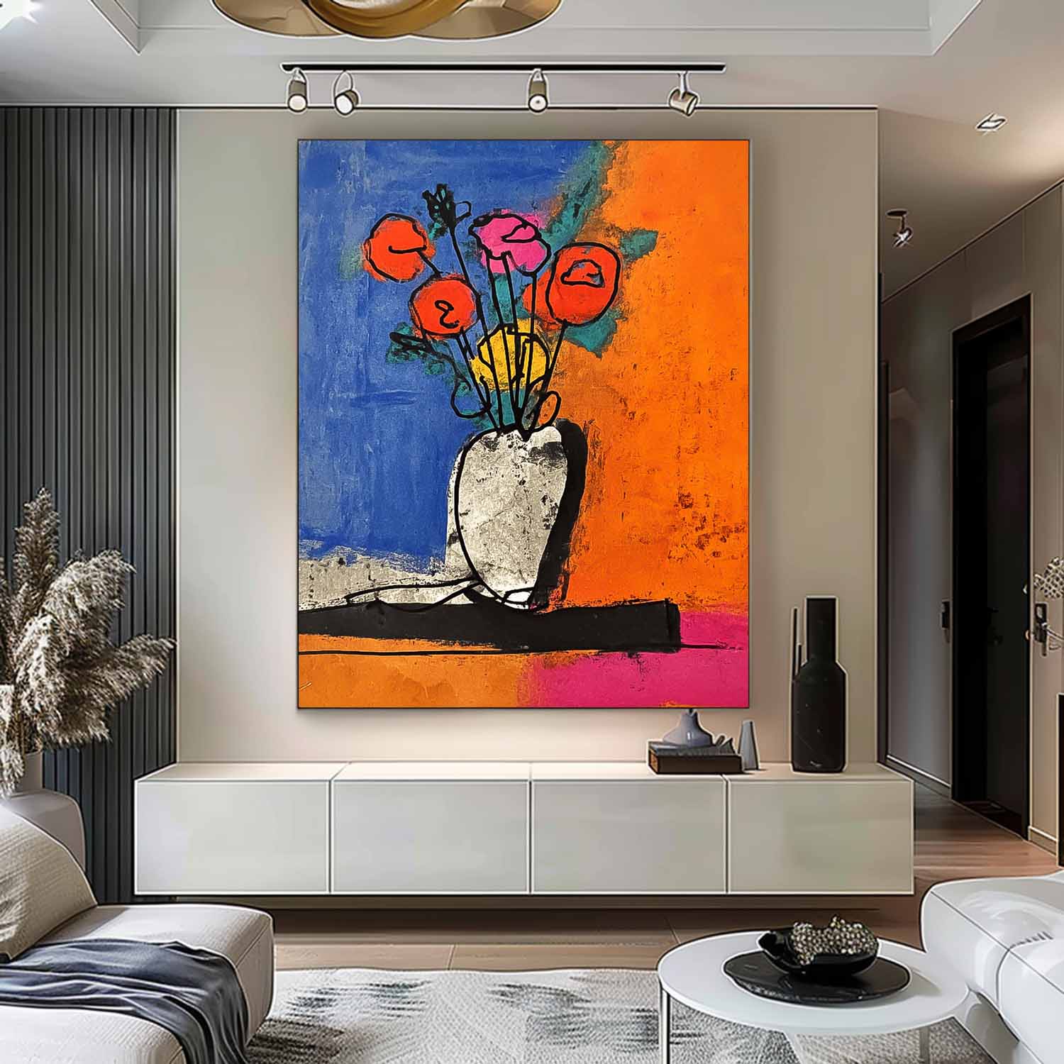 Jardiniere Painting Wall Art Large Colorful Flower Abstract Painting Canvas Original Artwork Decor