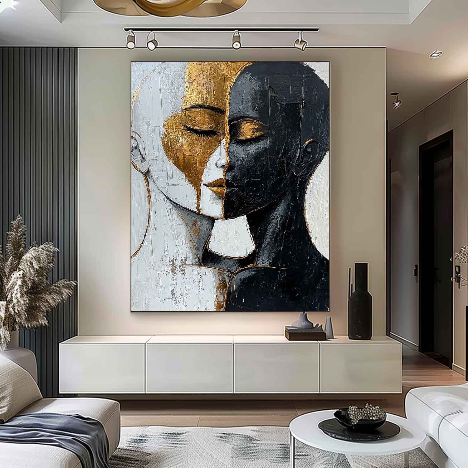 Abstract Black And Gold Artwork Large Duet Acrylic Painting Original Lovers Contemporary Wall Art Framed
