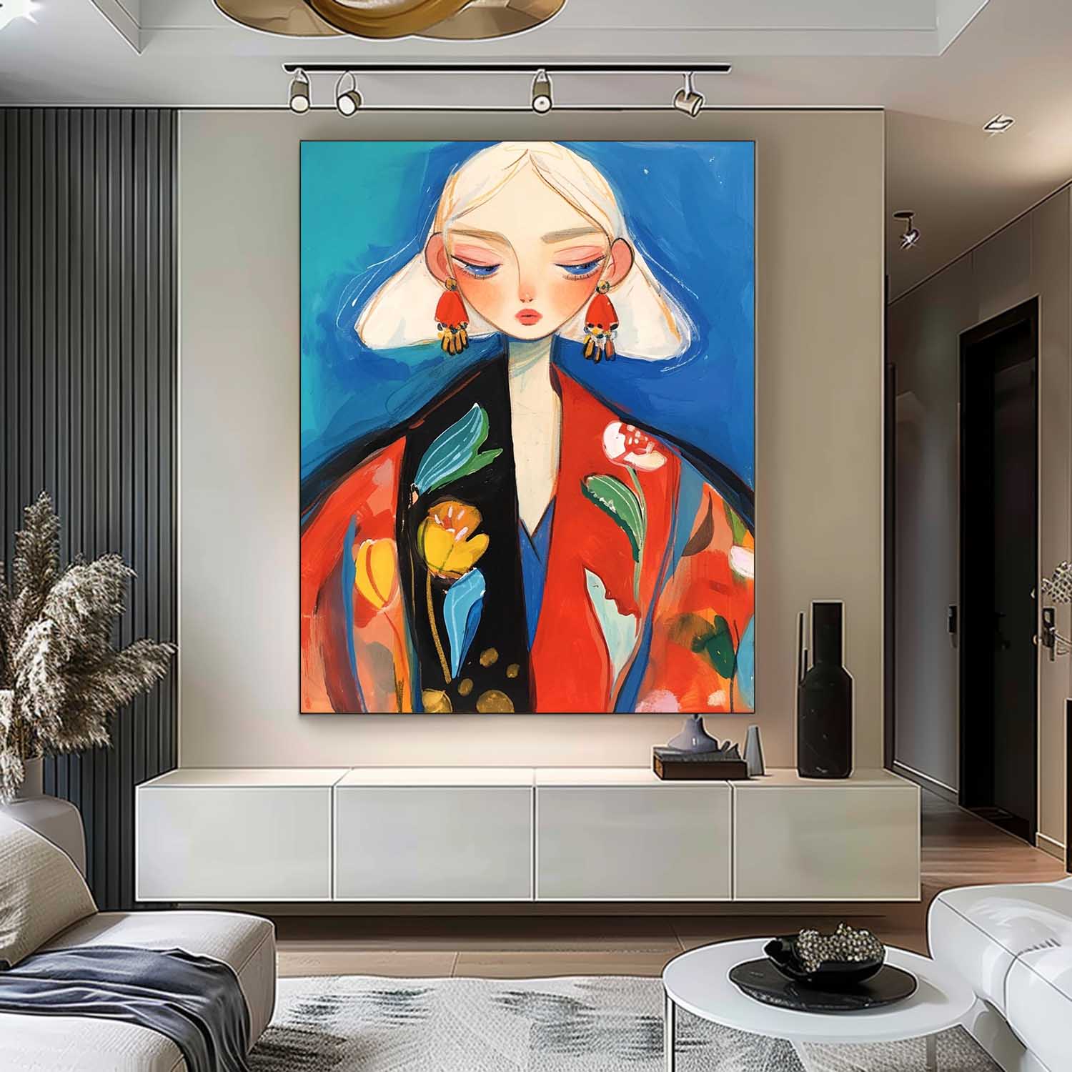 Large Fgure Acrylic Painting Cute Girl Original Abstract Wall Art Cartoon Character Painting Framed Artwork