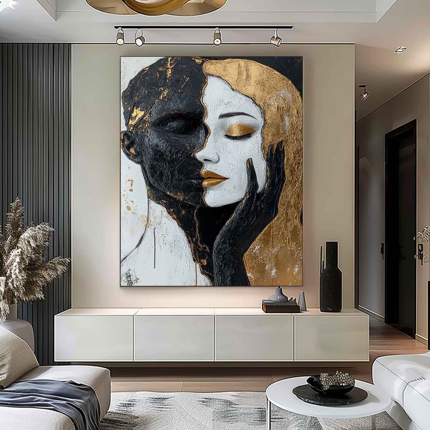 Large Duet Acrylic Painting Abstract Black And Gold Artwork Original Lovers Contemporary Wall Art Framed