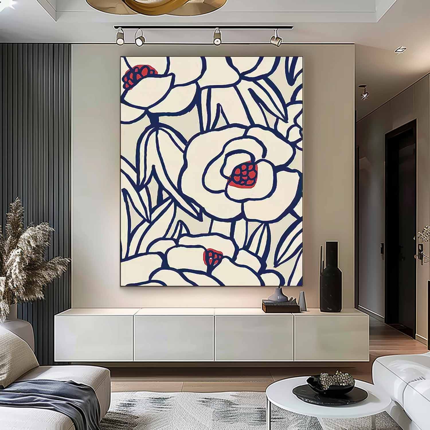 Original Minimalist Lines Floral Painting Large Wall Art Abstract Flower Acrylic Painting On Canvas Custom Home Decor