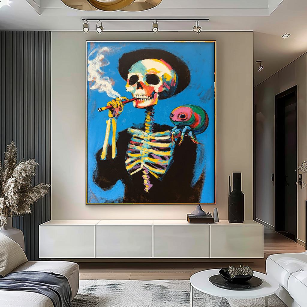 Large Acrylic Painting Framed Lovely Skeleton Painting Colorful Original Abstract Wall Art Unique Home Decor