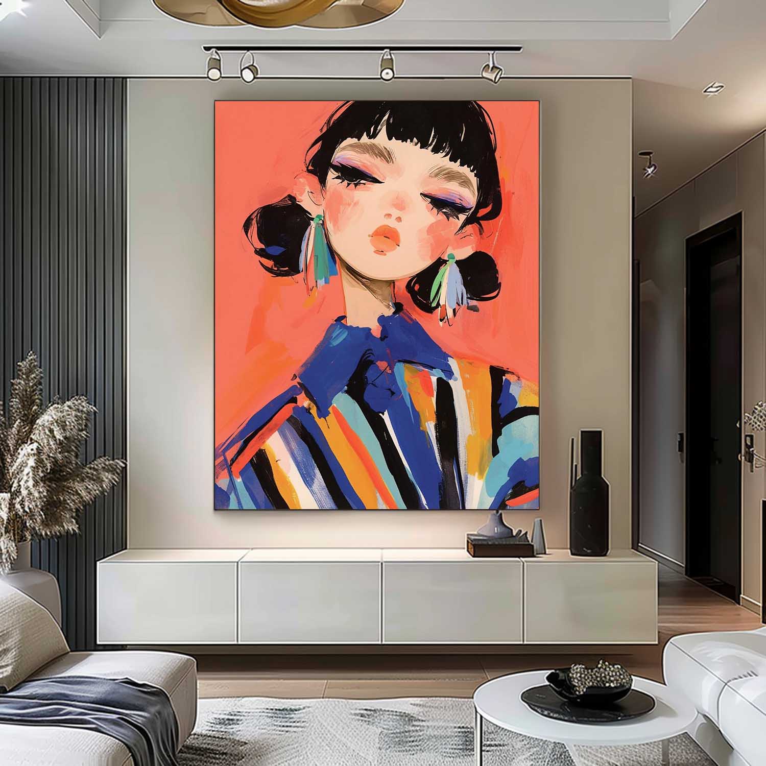 Cute Girl Original Abstract Wall Art Big Fgure Acrylic Painting Cartoon Character Painting Framed Artwork