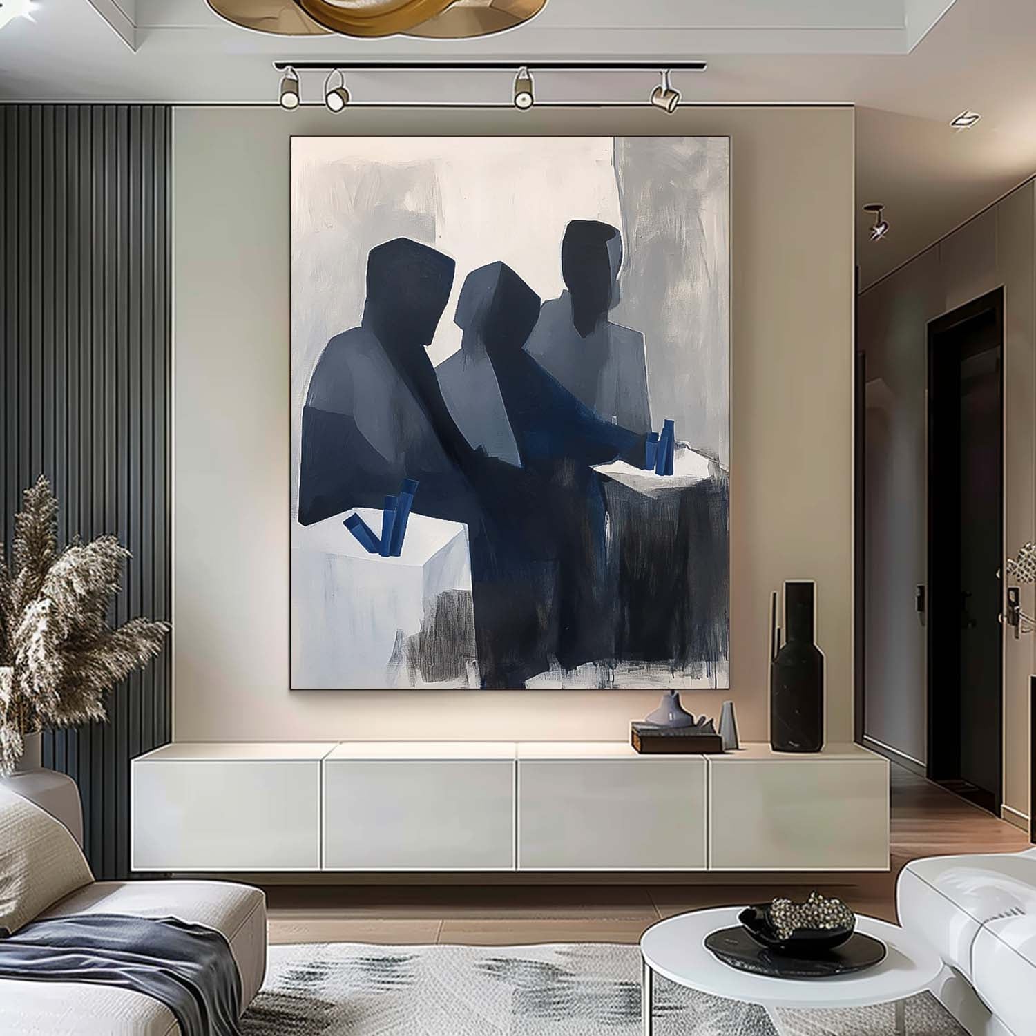 Modern Grey Minimal Abstract Painting Contemporary Gallery Wall Art Figure Neutral Wall Decor Line