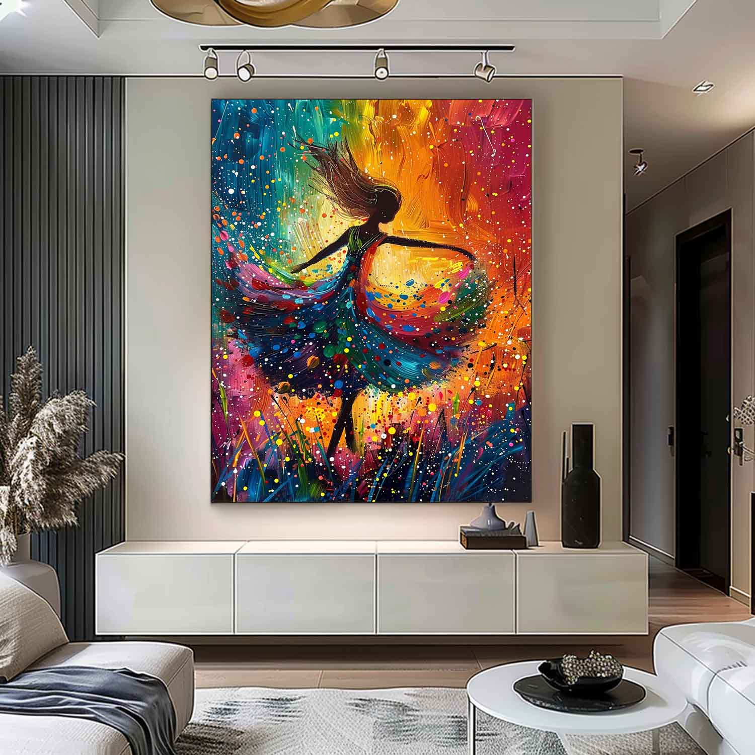 Large Multicolor Portrait Painting Framed Original Exquisite Dancing Girl Wall Art Abstract Colorful Artwork