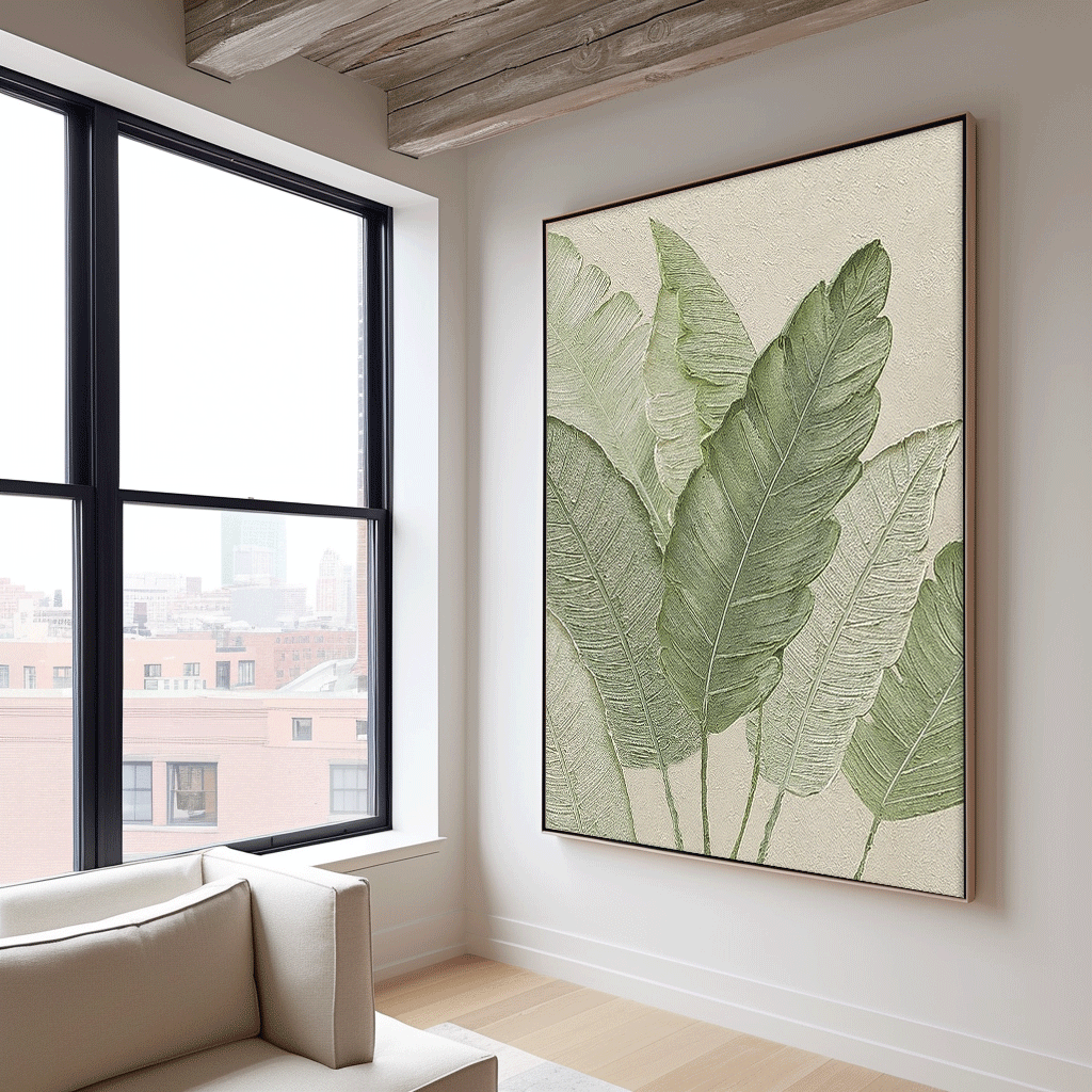 Large Thick Texture Abstract Green Leaf Paintings Modern Leaf Paintings Summer Painting Framed Wall Art
