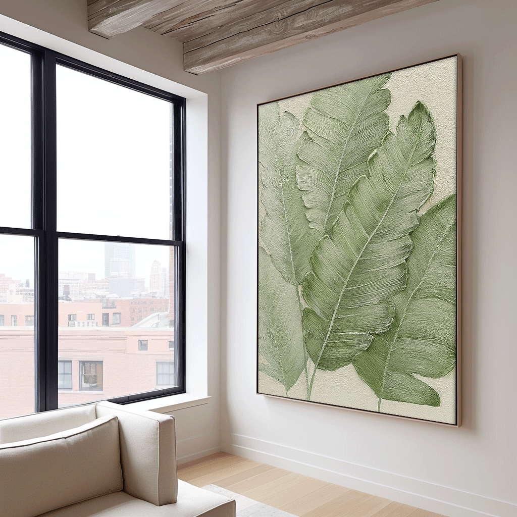 Large Thick Texture Abstract Green Leaf Paintings Contemporary Leaf Paintings Summer Painting Framed Wall Art