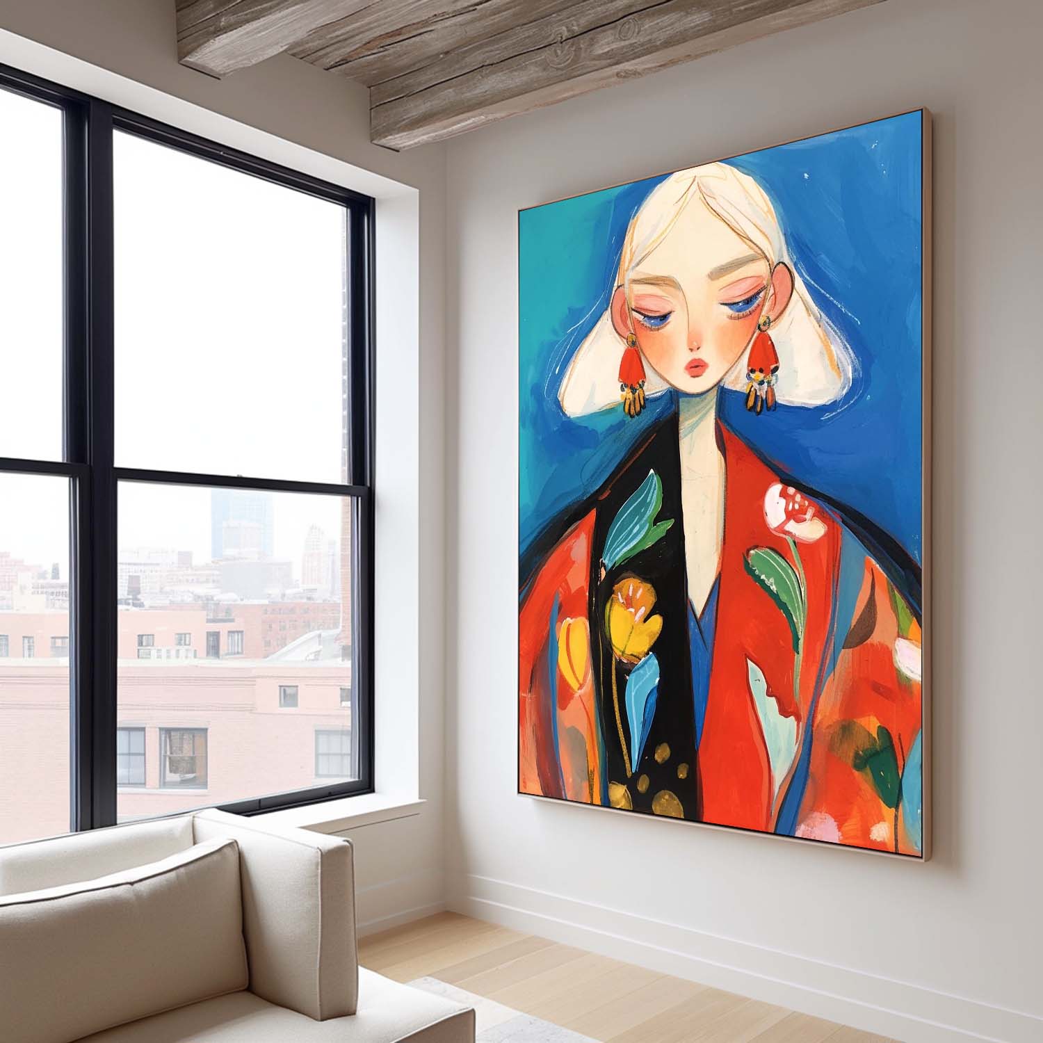 Large Fgure Acrylic Painting Cute Girl Original Abstract Wall Art Cartoon Character Painting Framed Artwork