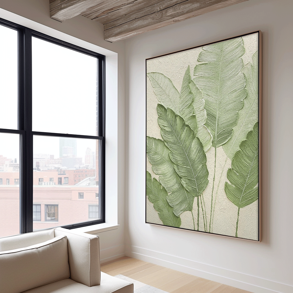 Contemporary Leaf Paintings Summer Painting Framed Large Thick Texture Abstract Green Leaf Paintings Wall Art