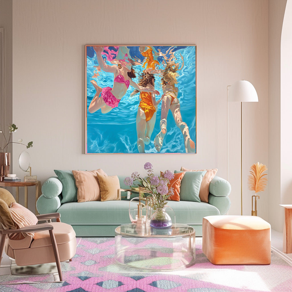 Original Girl swimming Wall Art Diving In Ocean Sensual Woman Acrylic Painting Lovely Lady Artwork