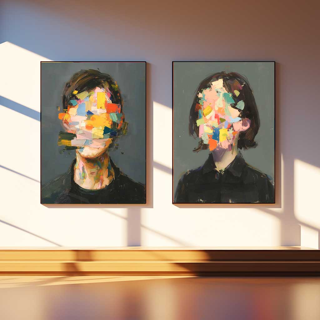 Set of 2 Abstract Painting Face Artwork Large Faceless Portrait Couple Painting Facial 3D Original Canvas Art