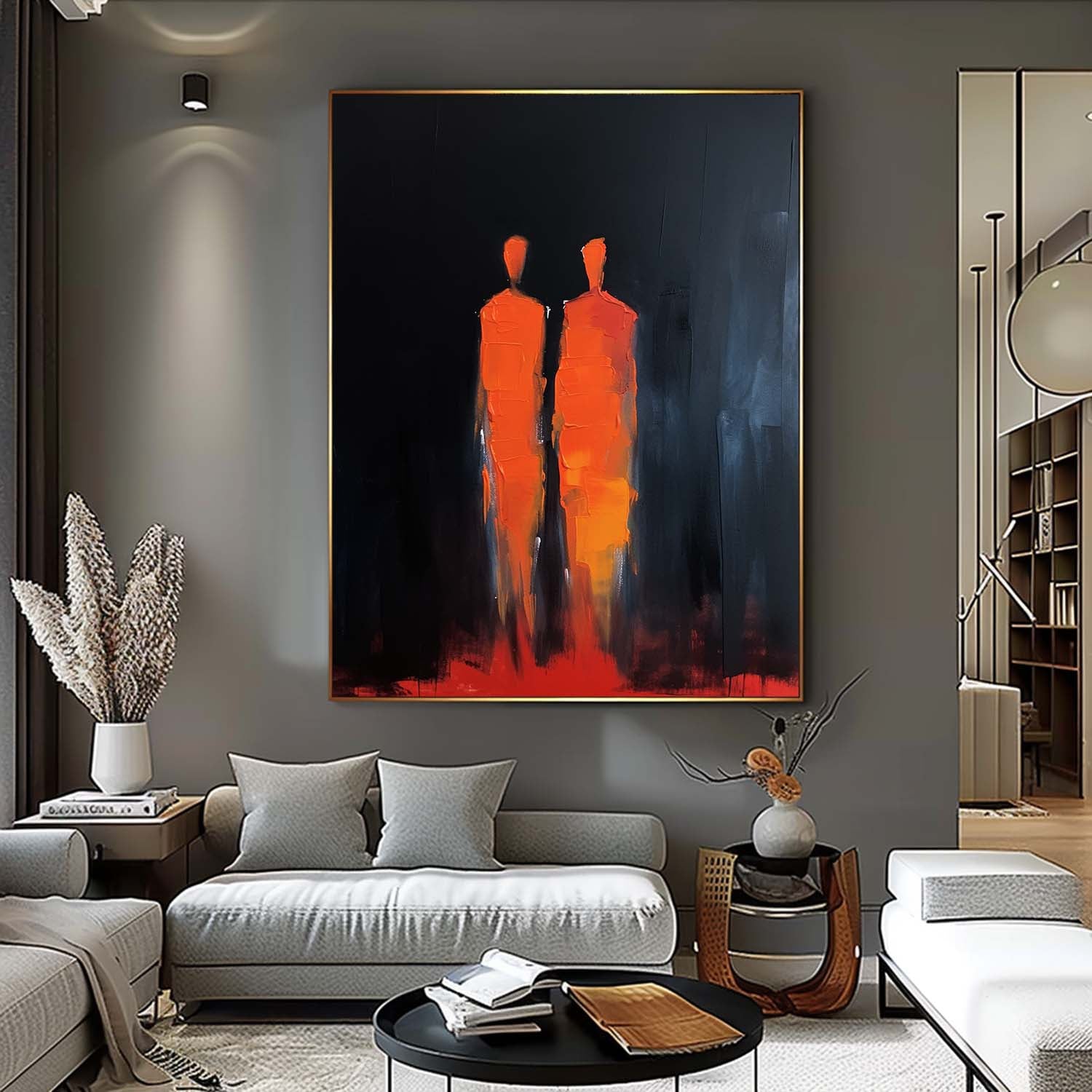 Warm Color Original Abstract Wall Art Big Contour Acrylic Painting Character Outline Painting Framed Artwork